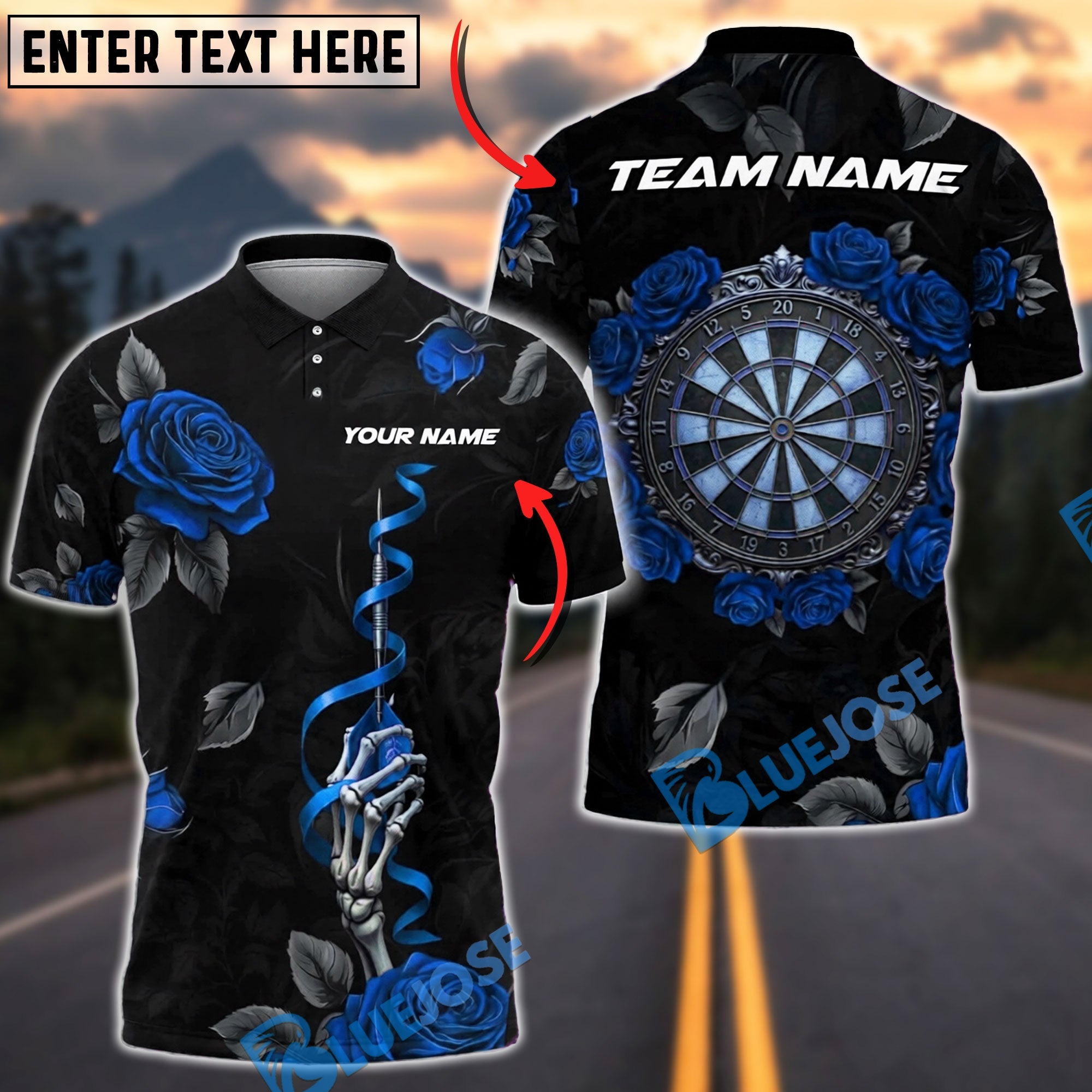 BlueJose Darts Skeleton Rose Shirt Dark Floral Theme Personalized Name, Team Name Unisex Shirt (4 Colors)