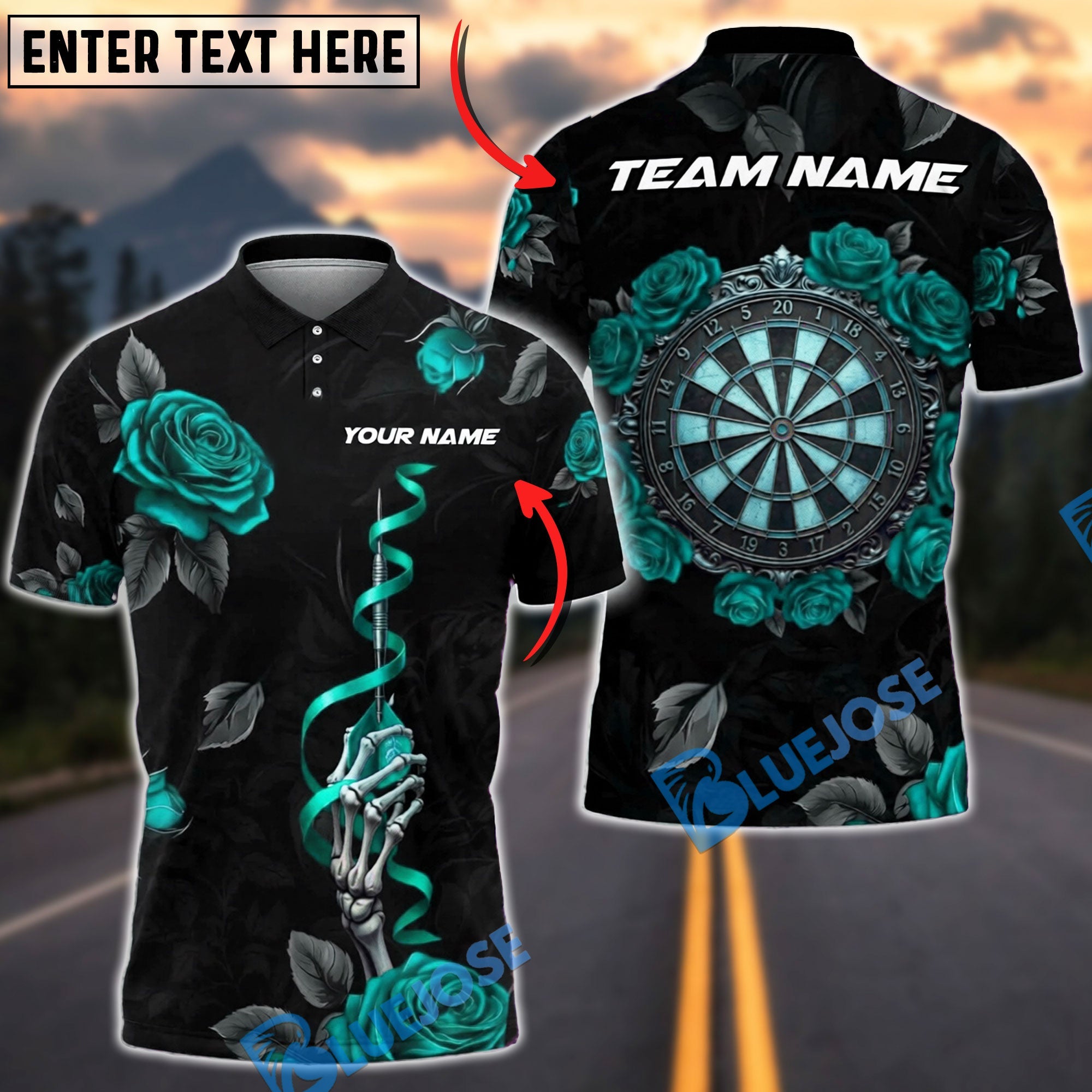 BlueJose Darts Skeleton Rose Shirt Dark Floral Theme Personalized Name, Team Name Unisex Shirt (4 Colors)