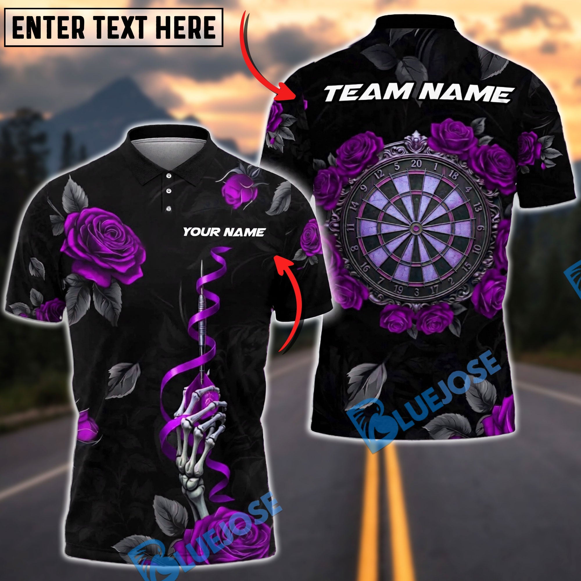 BlueJose Darts Skeleton Rose Shirt Dark Floral Theme Personalized Name, Team Name Unisex Shirt (4 Colors)