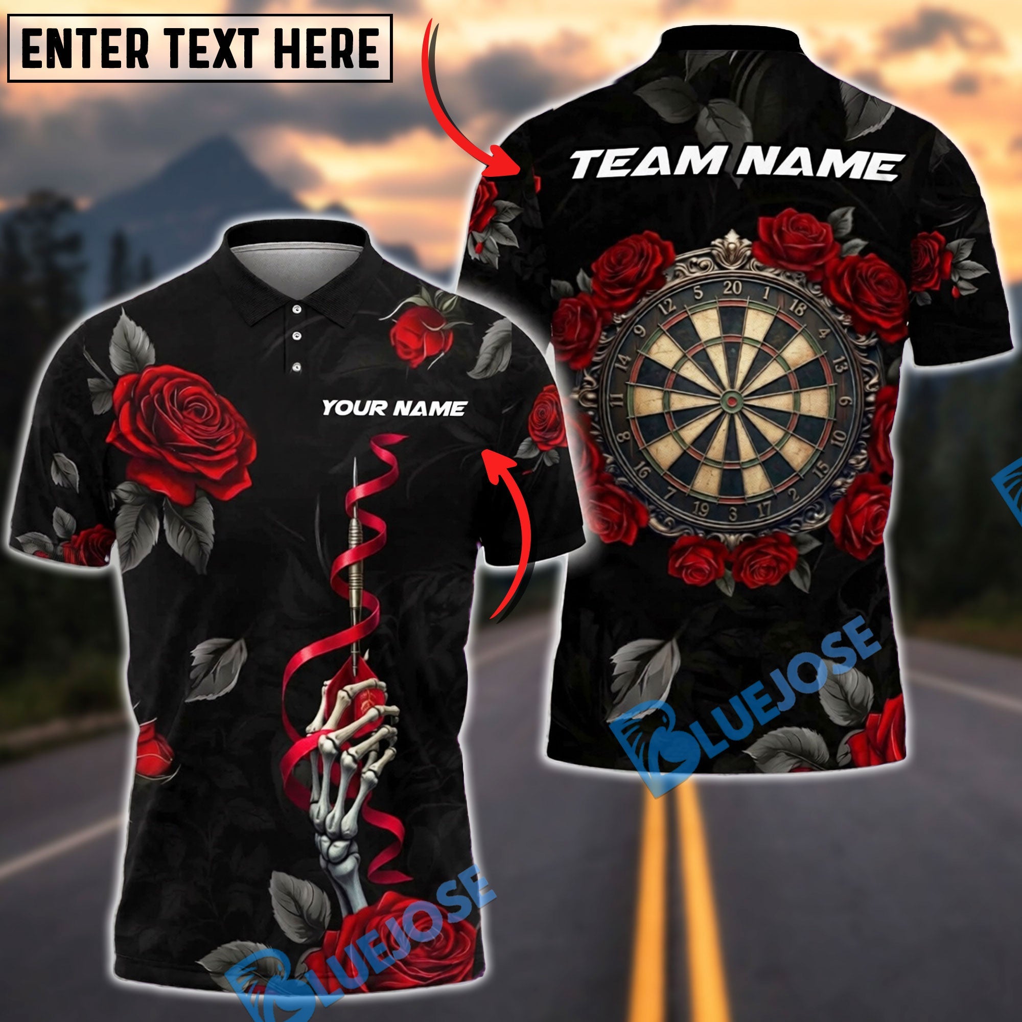 BlueJose Darts Skeleton Rose Shirt Dark Floral Theme Personalized Name, Team Name Unisex Shirt (4 Colors)