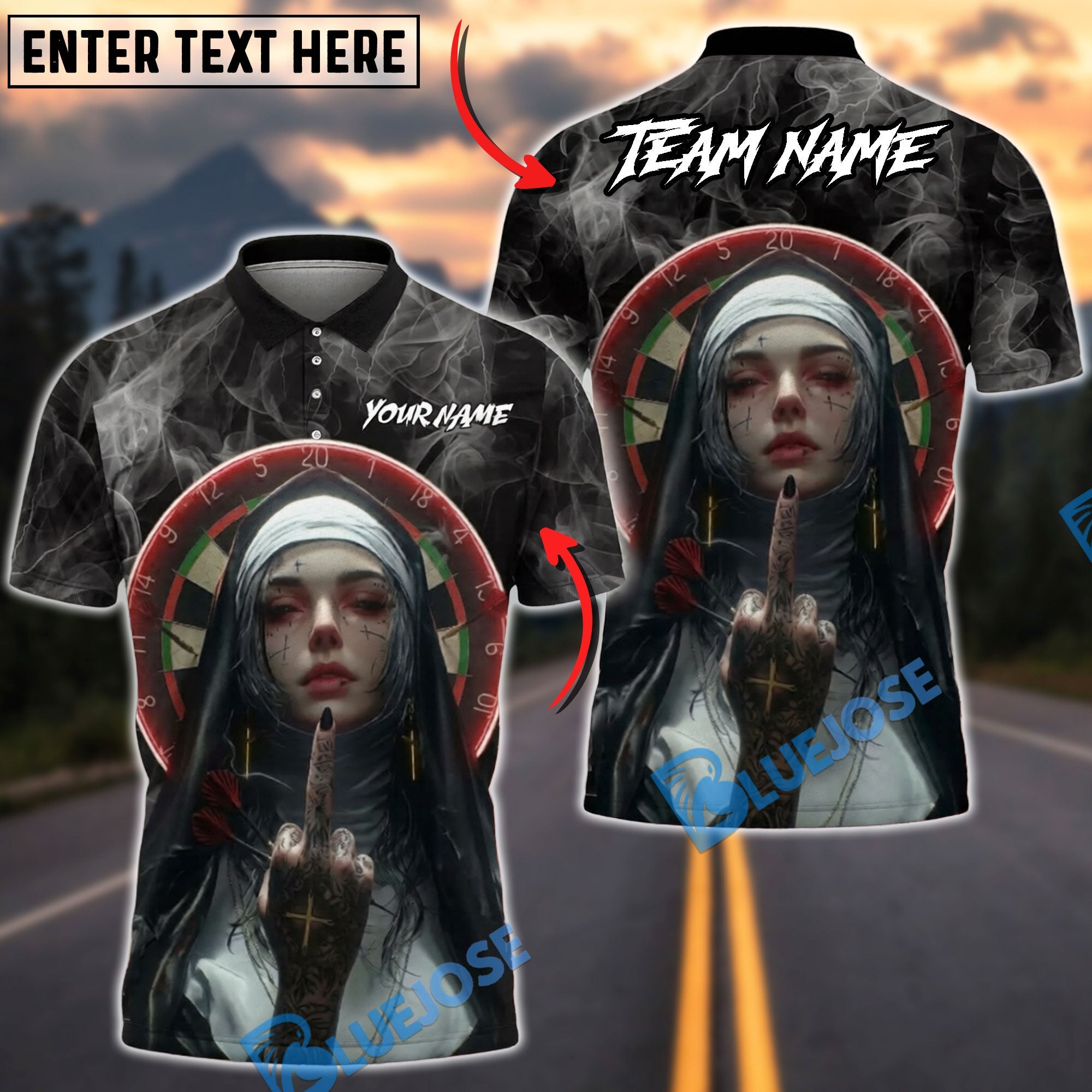 BlueJose Darts Gothic Dark Nun Portrait Personalized Name Shirt