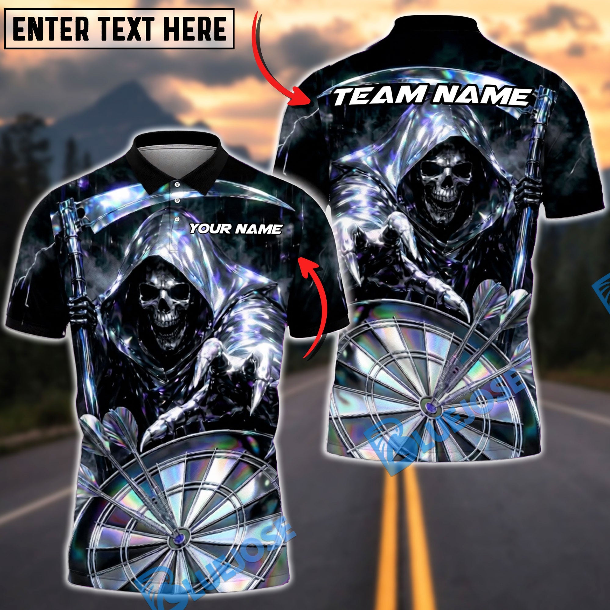 BlueJose Darts Grim Reaper Hologram Skull Dartboard Personalized Name, Team Name Unisex Shirt (4 Colors)