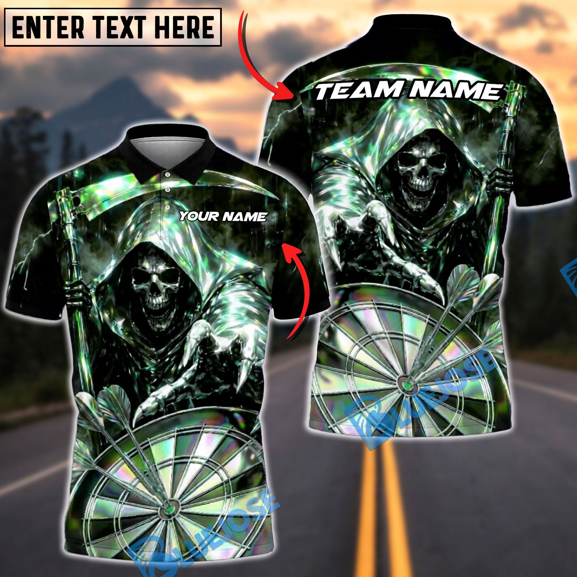 BlueJose Darts Grim Reaper Hologram Skull Dartboard Personalized Name, Team Name Unisex Shirt (4 Colors)