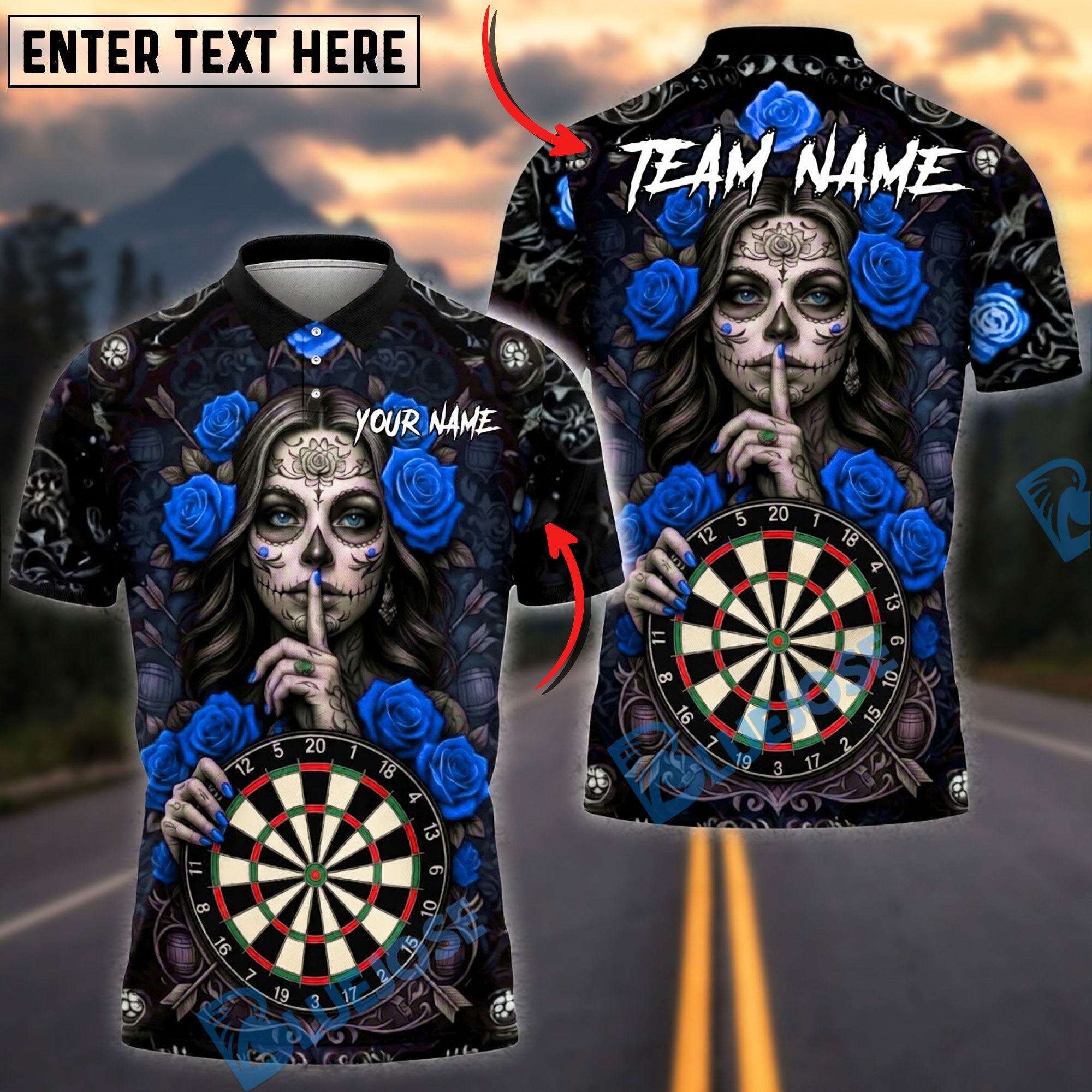 BlueJose Darts Sugar Skull Rose Gothic Graphic Personalized Name, Team Name Unisex Shirt (4 Colors)