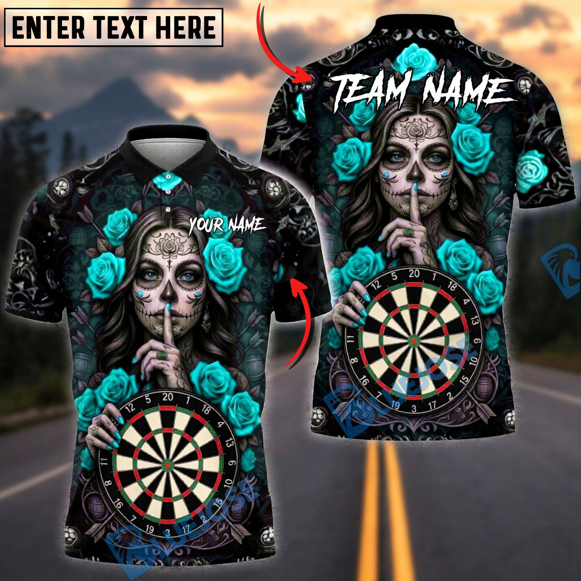 BlueJose Darts Sugar Skull Rose Gothic Graphic Personalized Name, Team Name Unisex Shirt (4 Colors)
