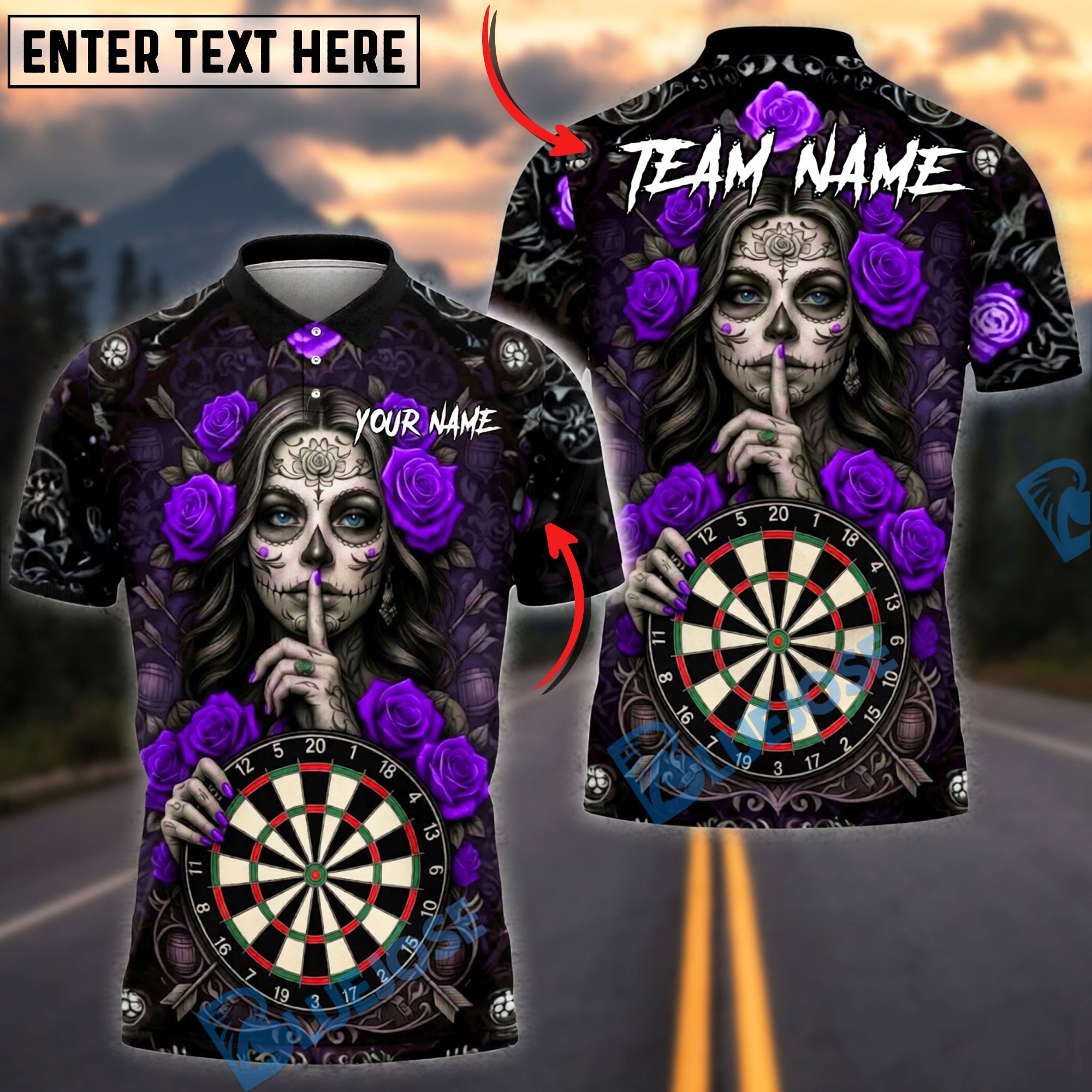 BlueJose Darts Sugar Skull Rose Gothic Graphic Personalized Name, Team Name Unisex Shirt (4 Colors)