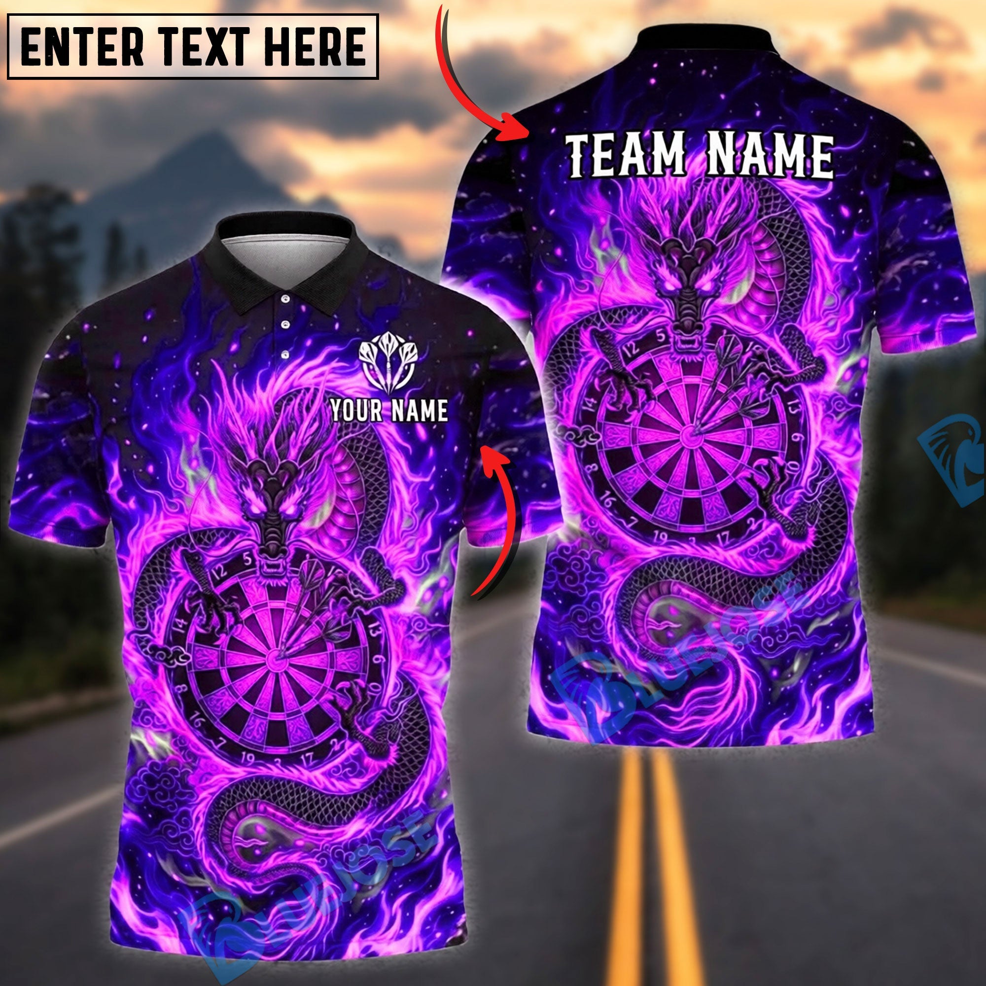 BlueJose Darts Fiery Dragon Flame Dartboard Graphic Personalized Name, Team Name Unisex Shirt (4 Colors)