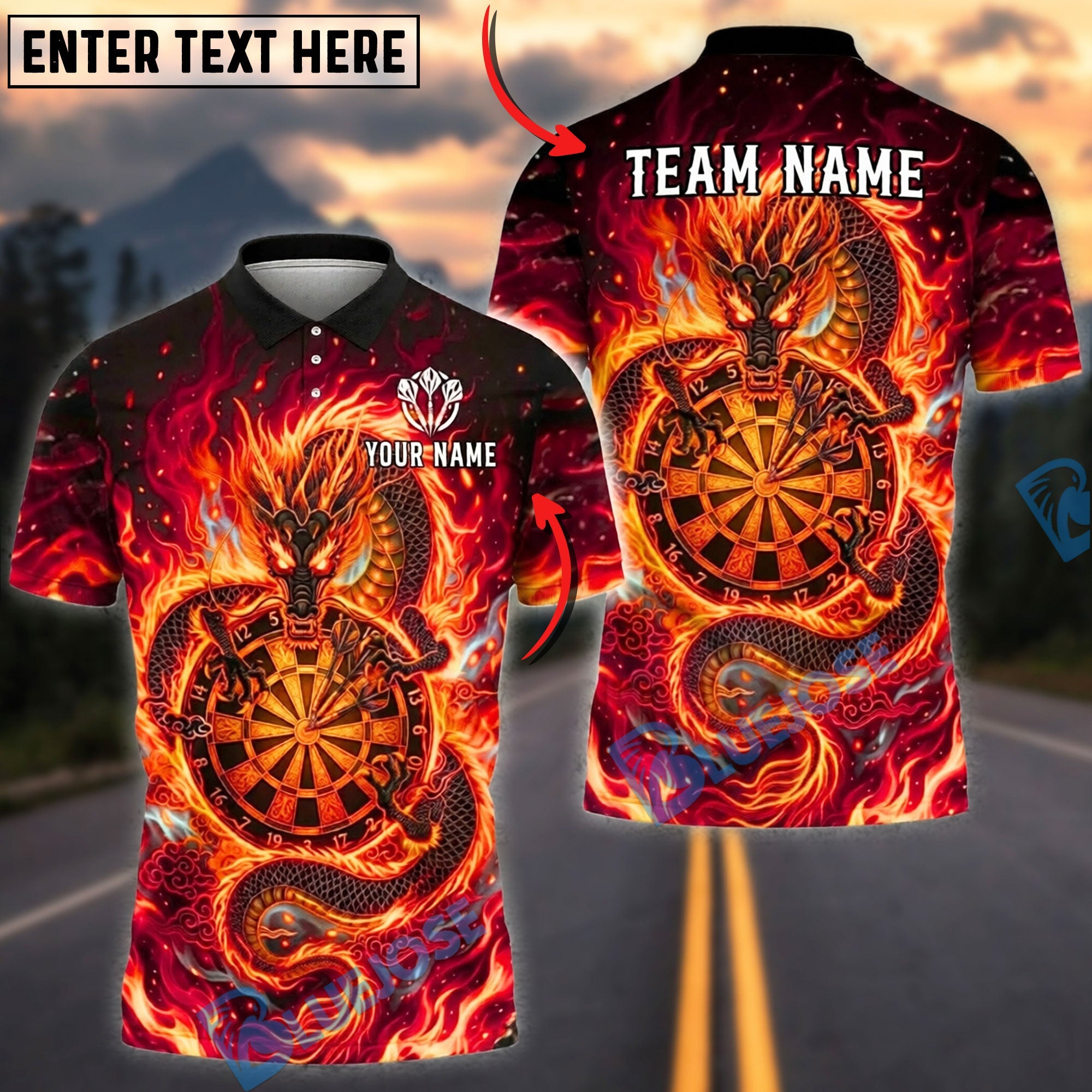 BlueJose Darts Fiery Dragon Flame Dartboard Graphic Personalized Name, Team Name Unisex Shirt (4 Colors)