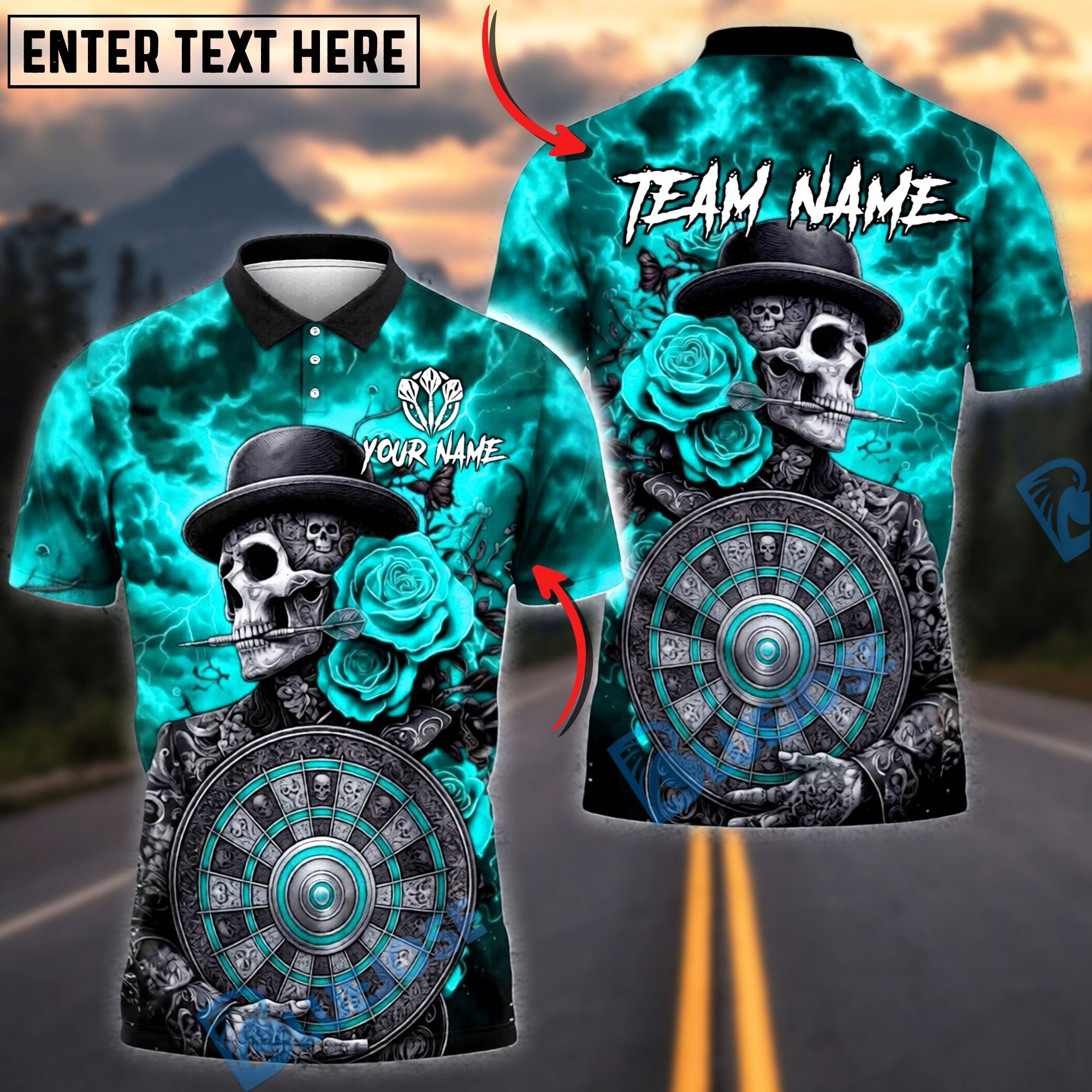 BlueJose Darts Skull Gothic Lightning Skull with Rose Dartboard Design Personalized Name, Team Name Unisex Shirt (4 Colors)