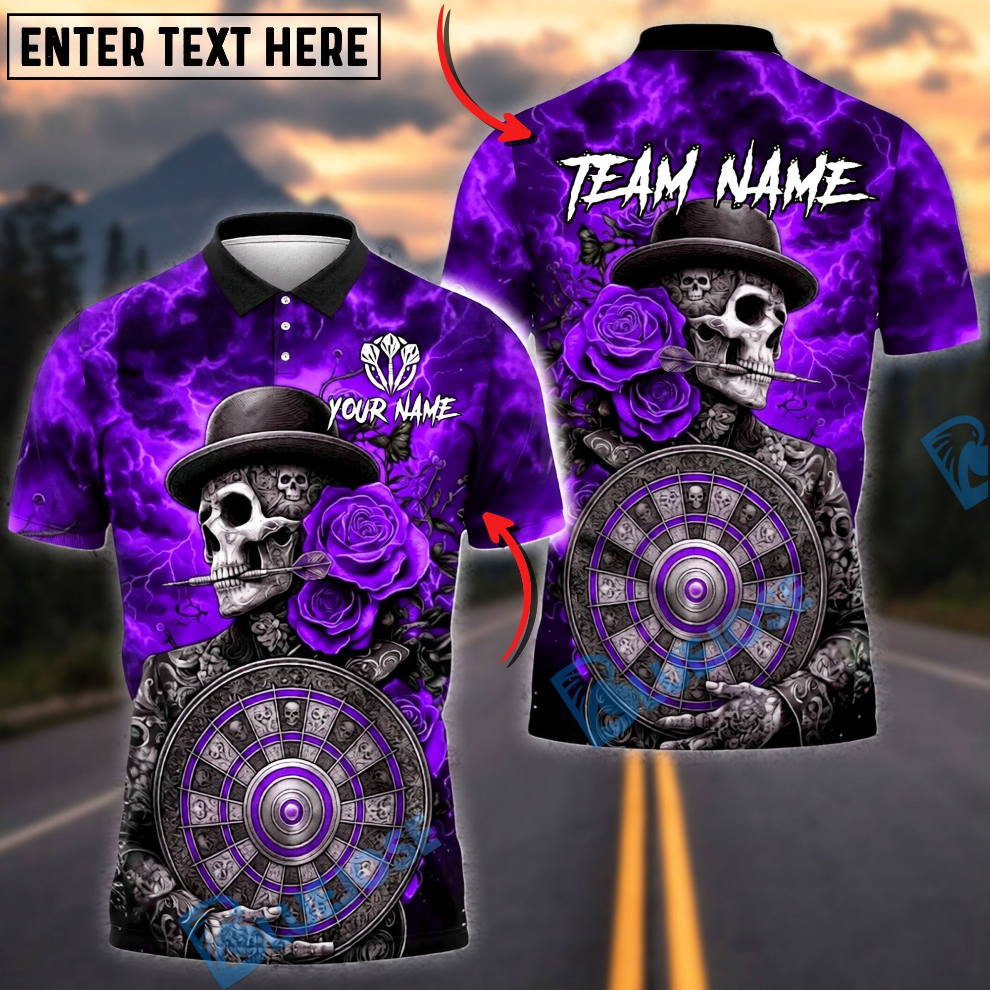 BlueJose Darts Skull Gothic Lightning Skull with Rose Dartboard Design Personalized Name, Team Name Unisex Shirt (4 Colors)