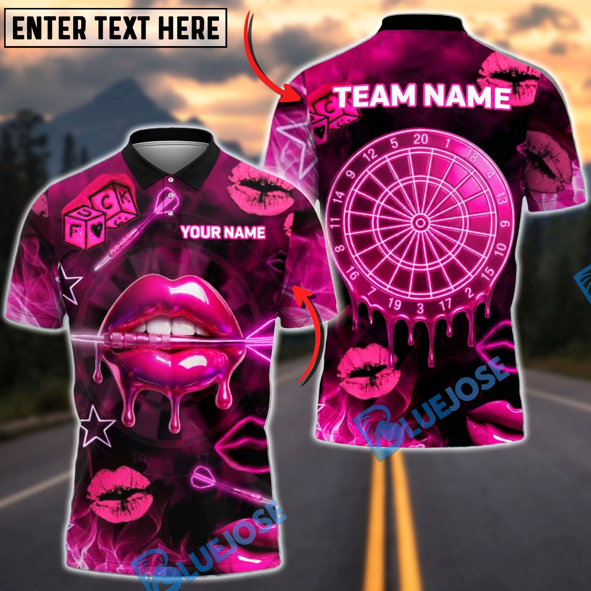 BlueJose Darts Sexy Neon Lips Dartboard Gambling Theme Personalized Name, Team Name Unisex Shirt (4 Colors)