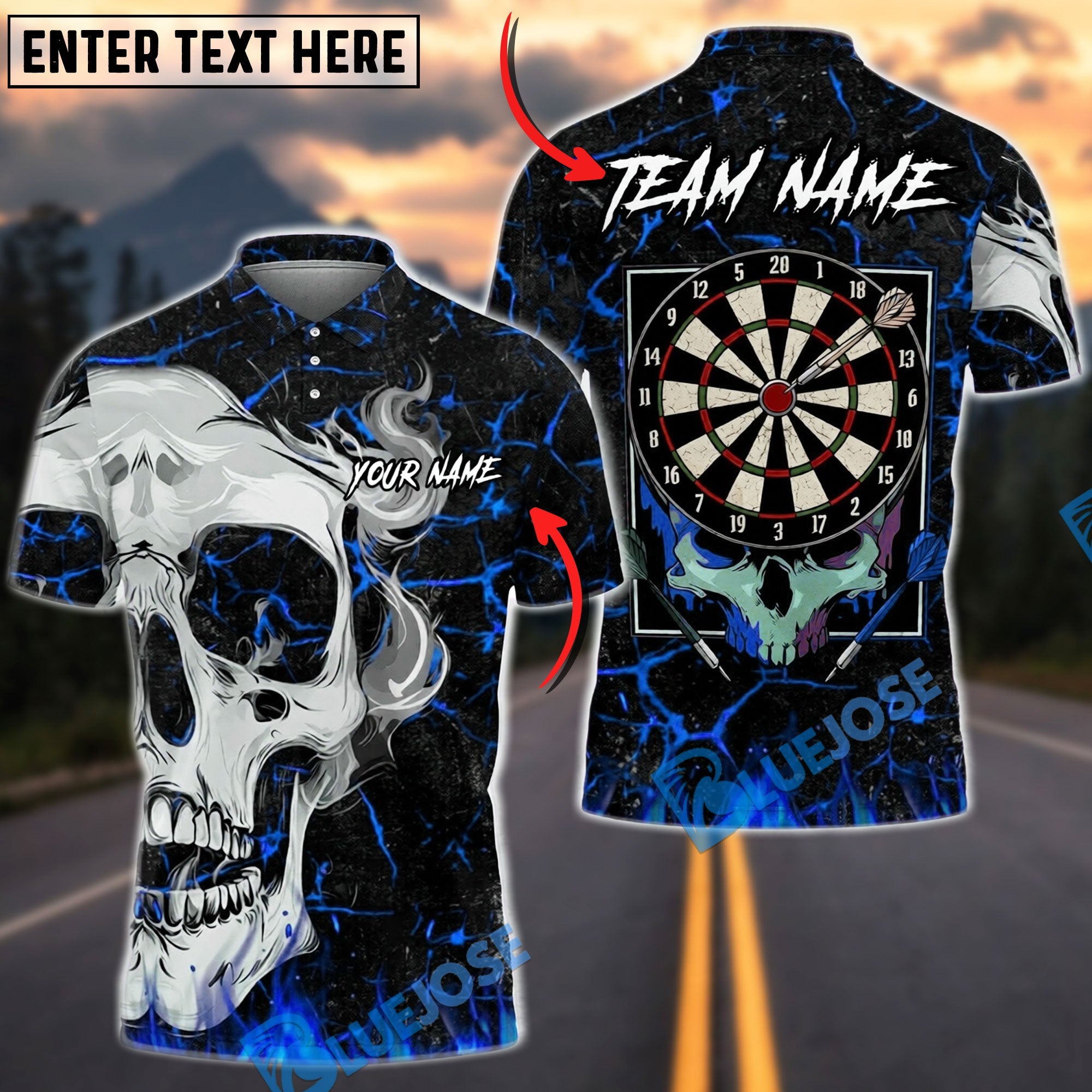 BlueJose Darts Skull Flame Art Personalized Name, Team Name Unisex Shirt (4 Colors)