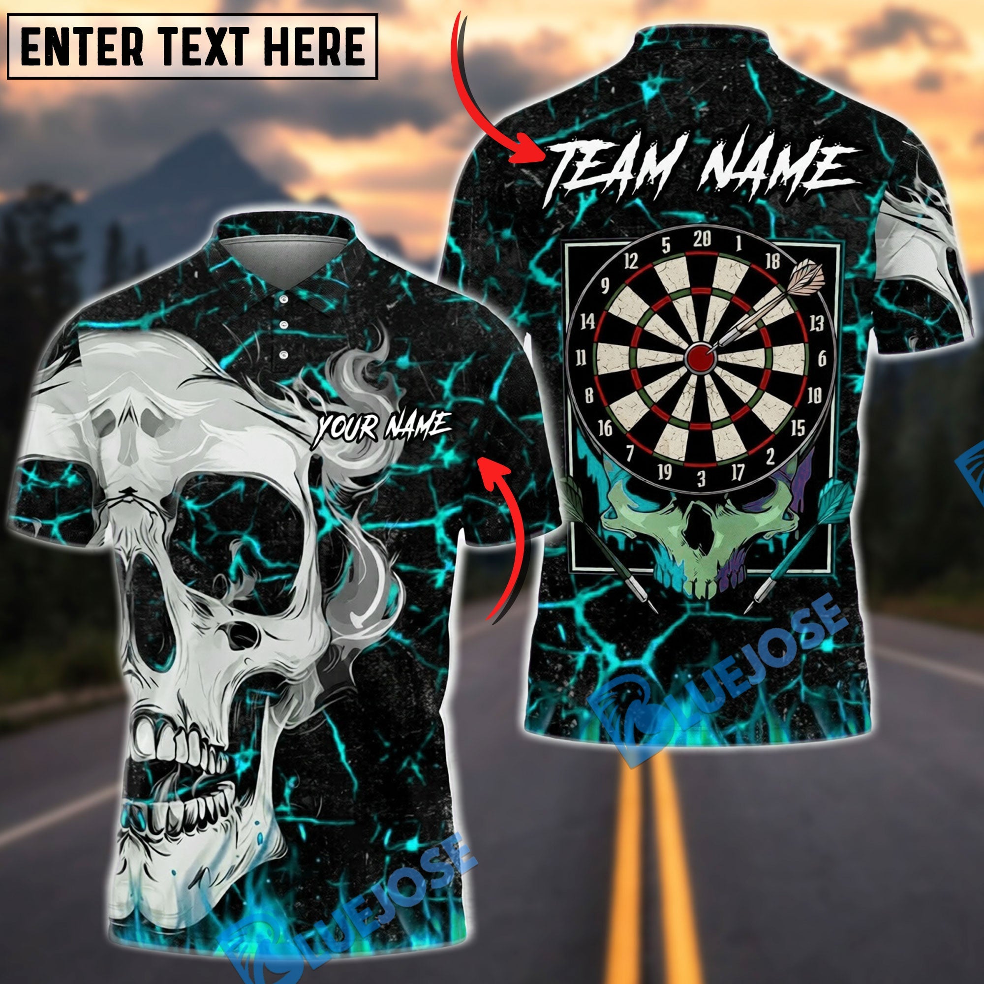 BlueJose Darts Skull Flame Art Personalized Name, Team Name Unisex Shirt (4 Colors)
