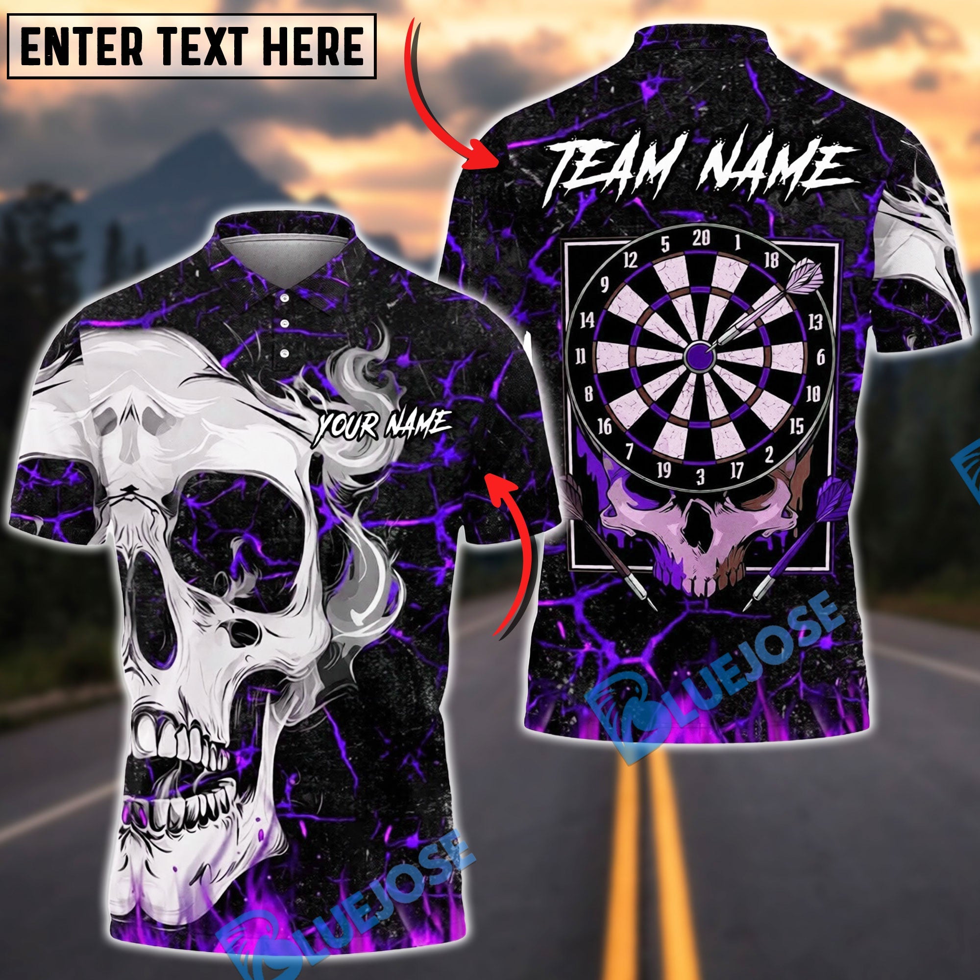 BlueJose Darts Skull Flame Art Personalized Name, Team Name Unisex Shirt (4 Colors)