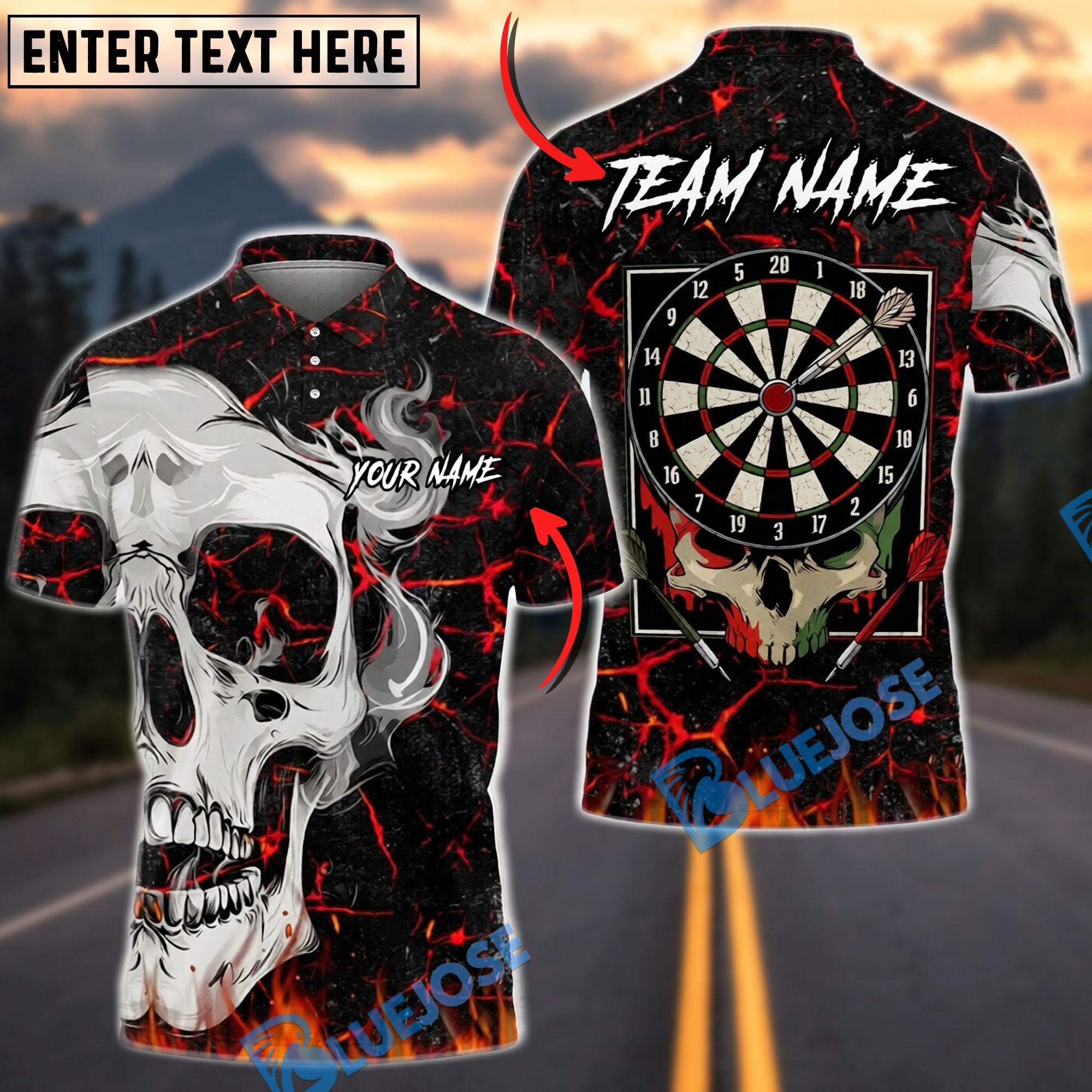 BlueJose Darts Skull Flame Art Personalized Name, Team Name Unisex Shirt (4 Colors)