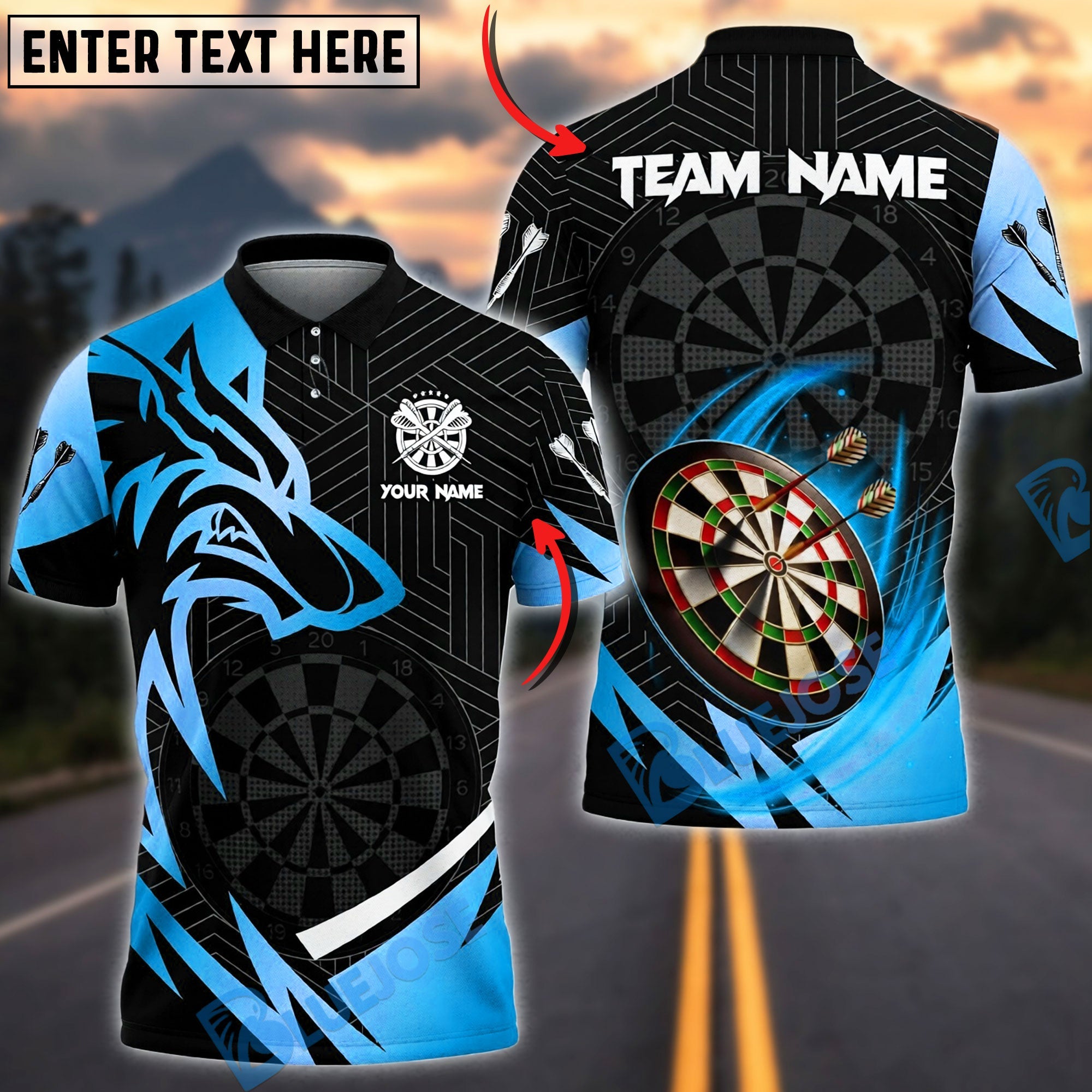 BlueJose Darts Wolf Gold Black Dartboard Graphic Personalized Name, Team Name Unisex Shirt (6 Colors)