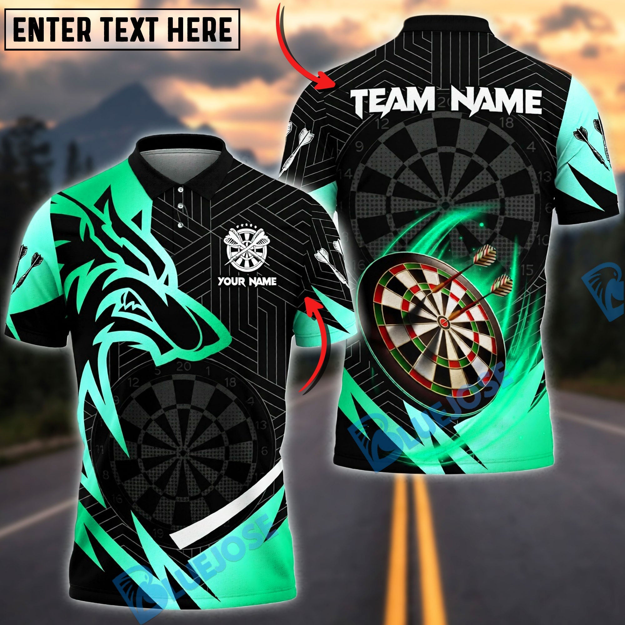 BlueJose Darts Wolf Gold Black Dartboard Graphic Personalized Name, Team Name Unisex Shirt (6 Colors)