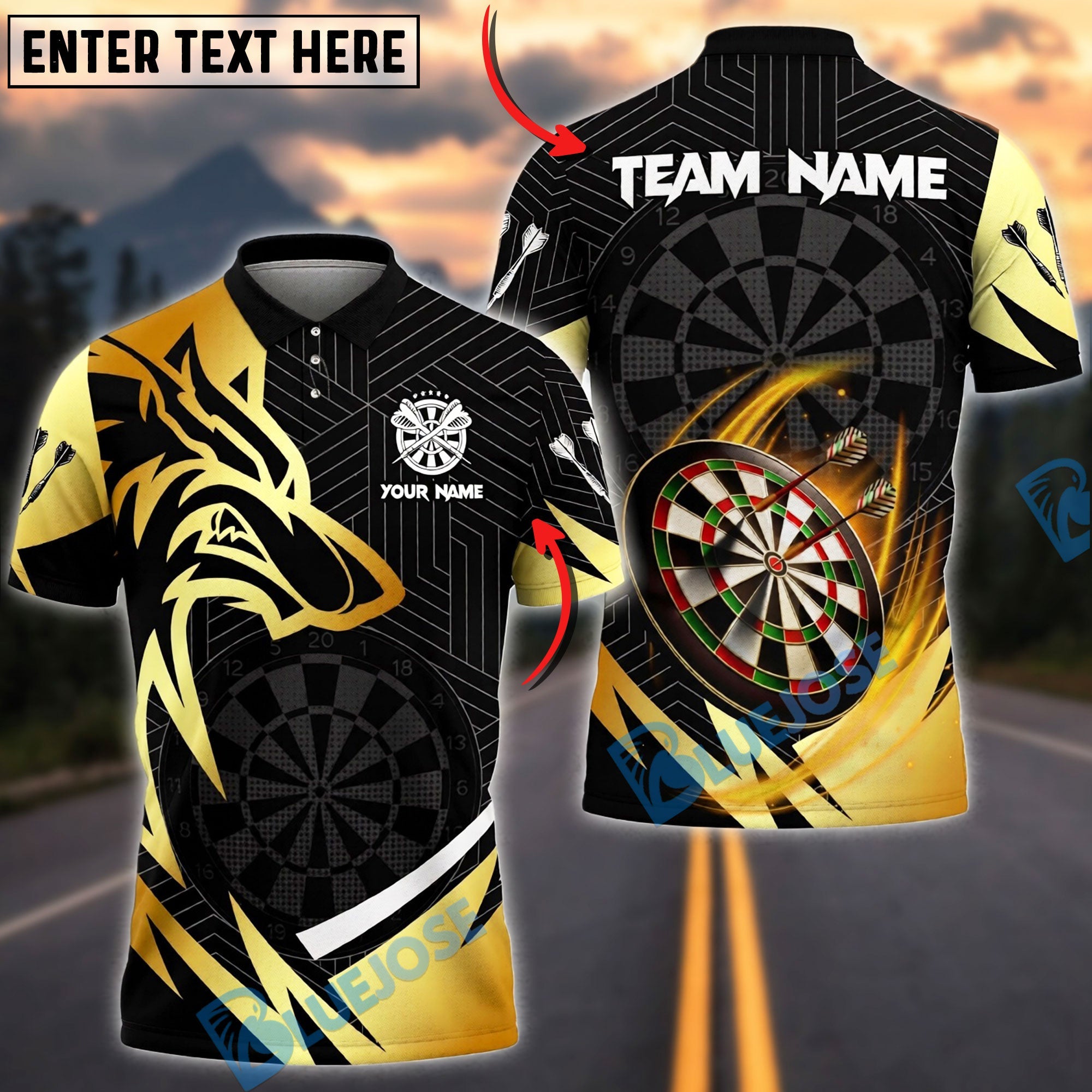 BlueJose Darts Wolf Gold Black Dartboard Graphic Personalized Name, Team Name Unisex Shirt (6 Colors)