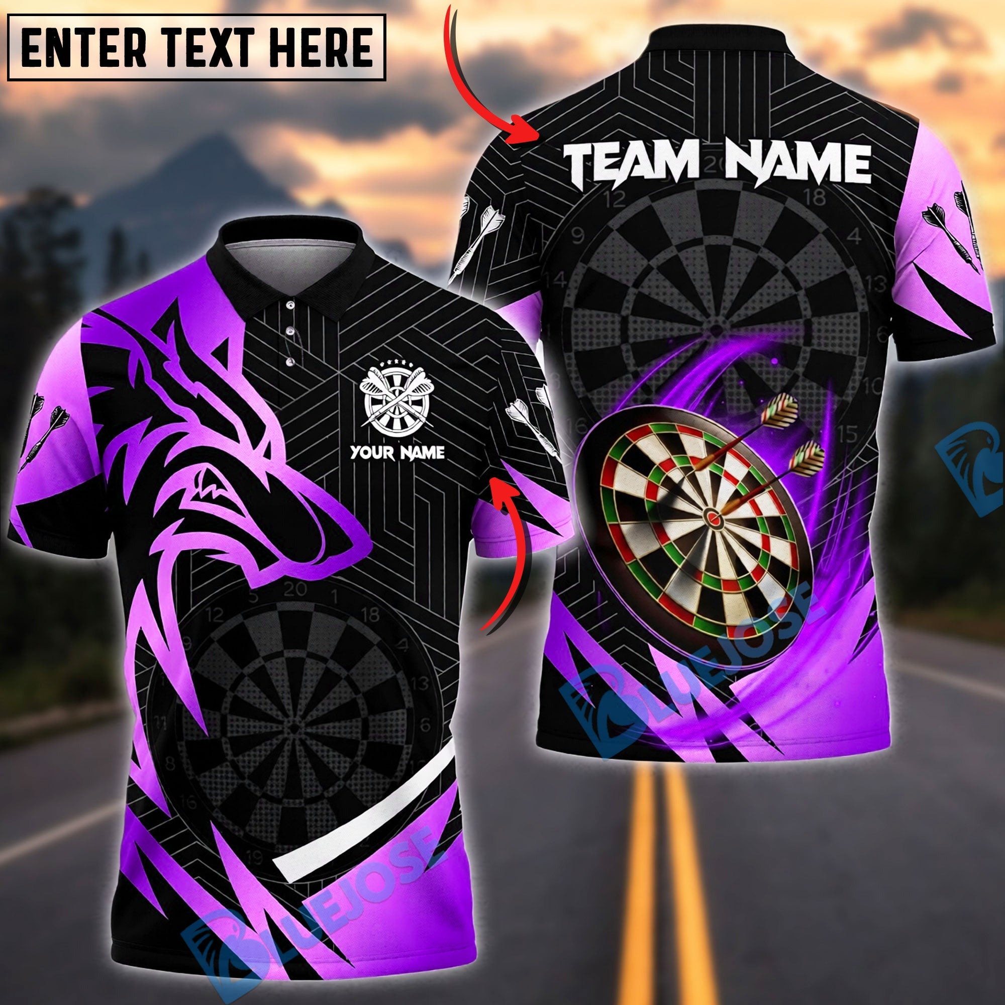 BlueJose Darts Wolf Gold Black Dartboard Graphic Personalized Name, Team Name Unisex Shirt (6 Colors)