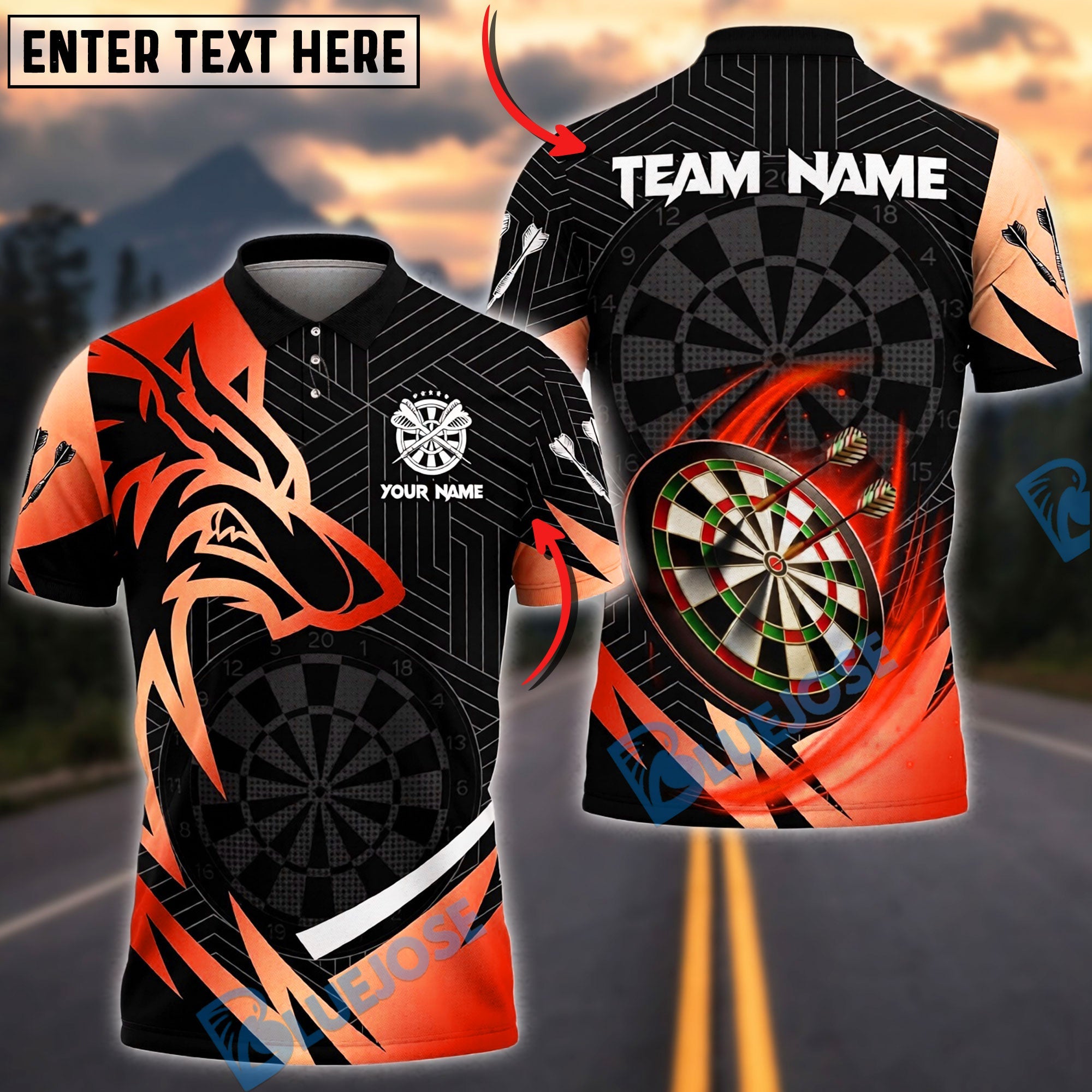 BlueJose Darts Wolf Gold Black Dartboard Graphic Personalized Name, Team Name Unisex Shirt (6 Colors)