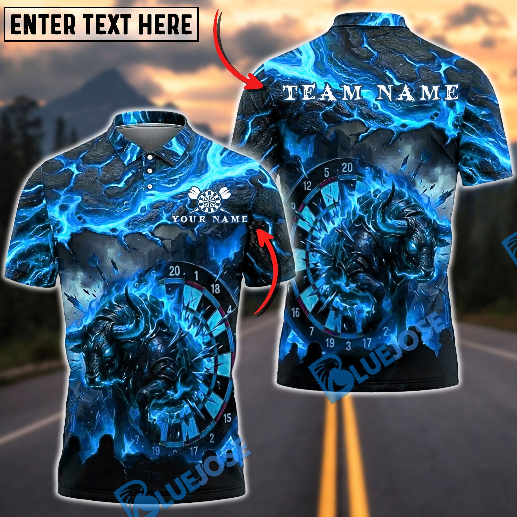 BlueJose Darts Fire Bull Dartboard Lava Flame Personalized Name, Team Name Unisex Shirt (4 Colors)