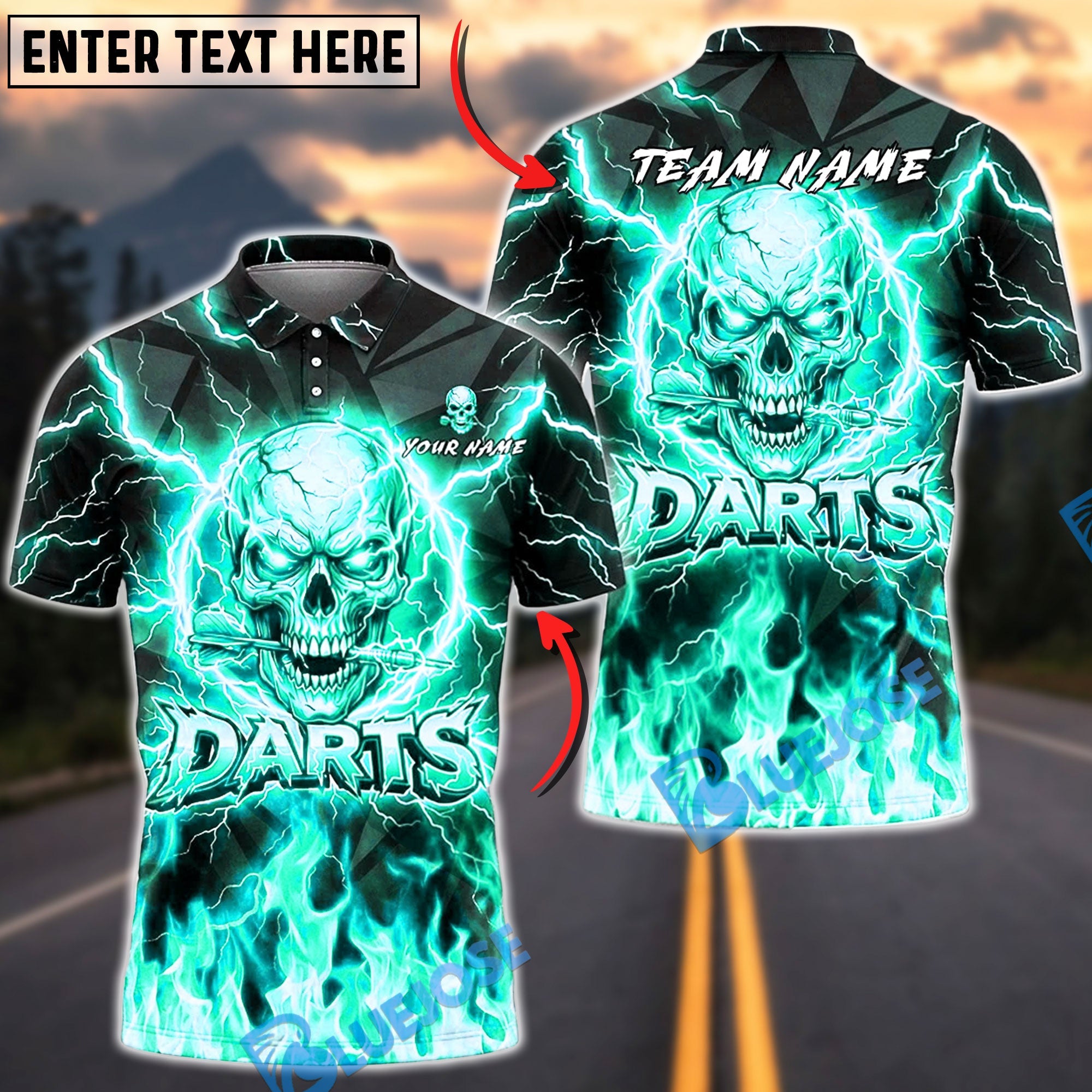 BlueJose Darts Flaming Skull Bold Typography Personalized Name, Team Name Unisex Shirt (4 Colors)