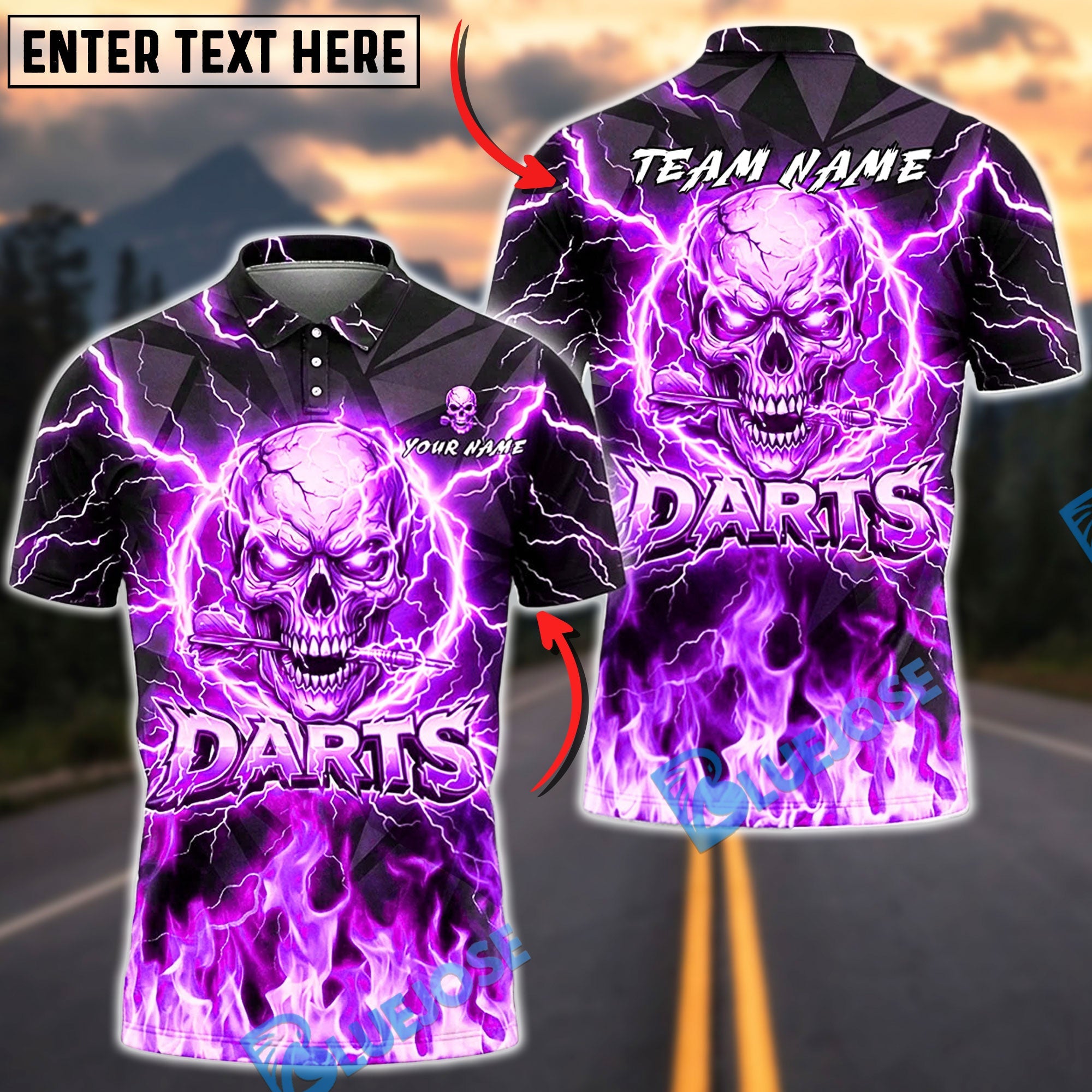 BlueJose Darts Flaming Skull Bold Typography Personalized Name, Team Name Unisex Shirt (4 Colors)
