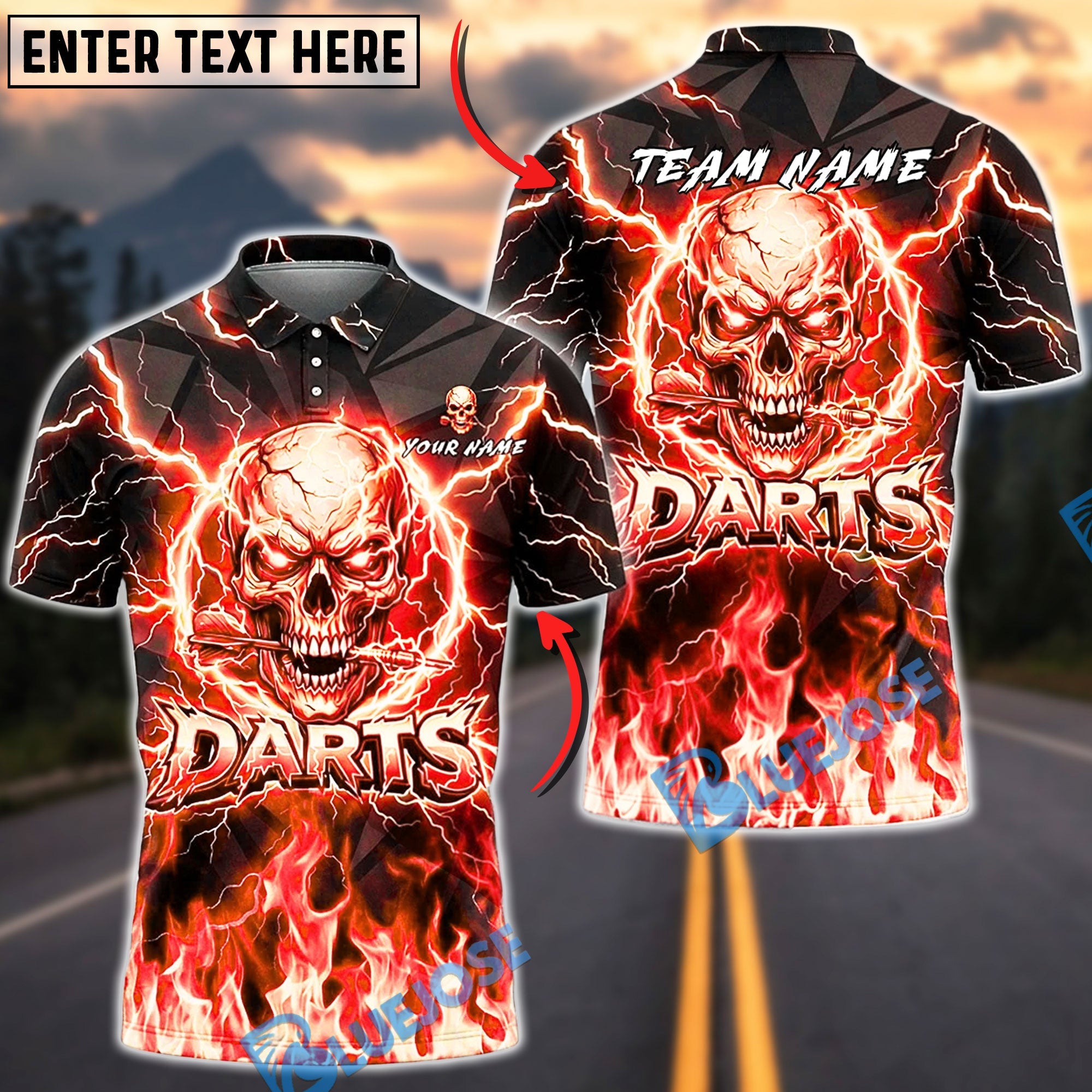 BlueJose Darts Flaming Skull Bold Typography Personalized Name, Team Name Unisex Shirt (4 Colors)