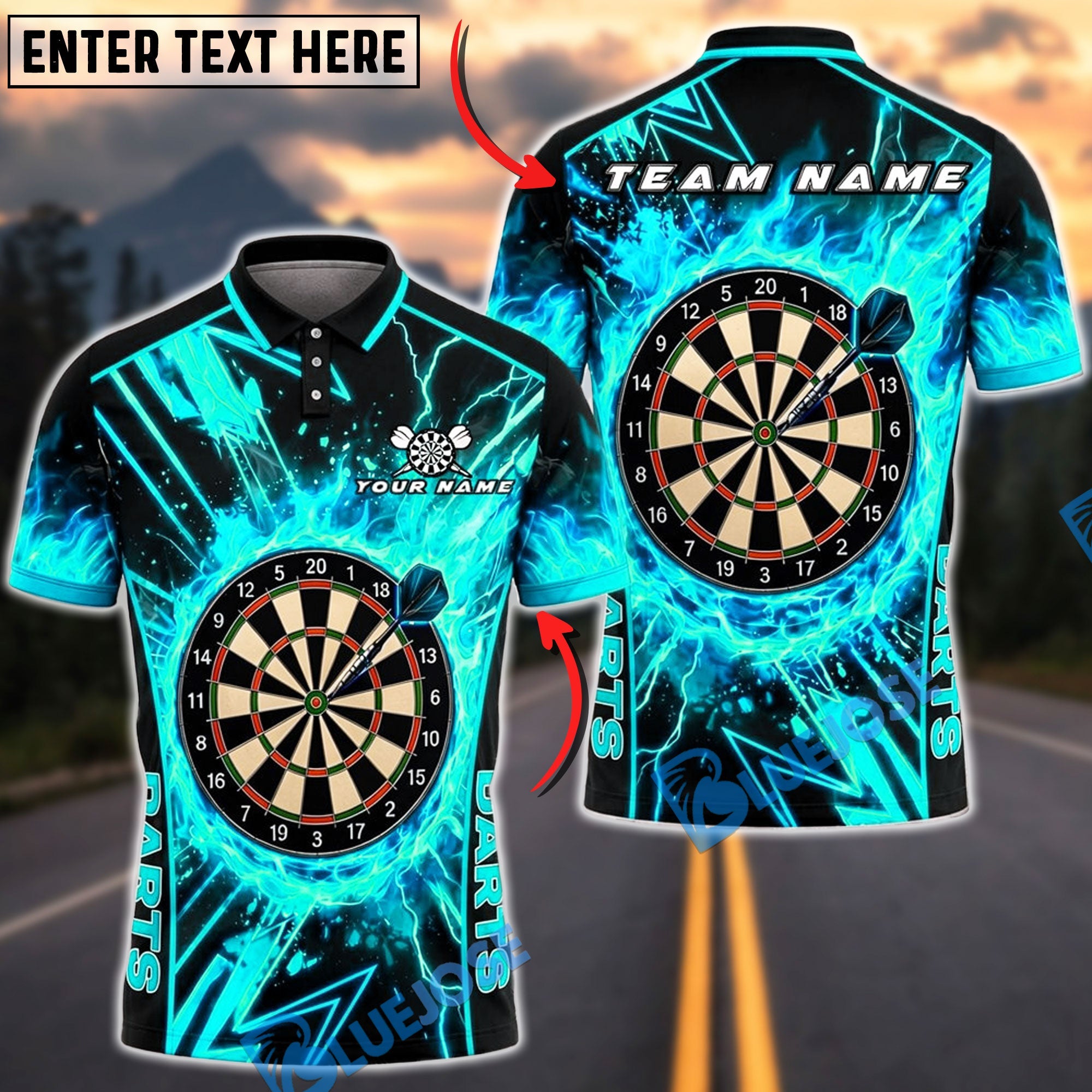 BlueJose Darts Electric Strike Geometric Dartboard Personalized Name, Team Name Unisex Shirt (6 Colors)