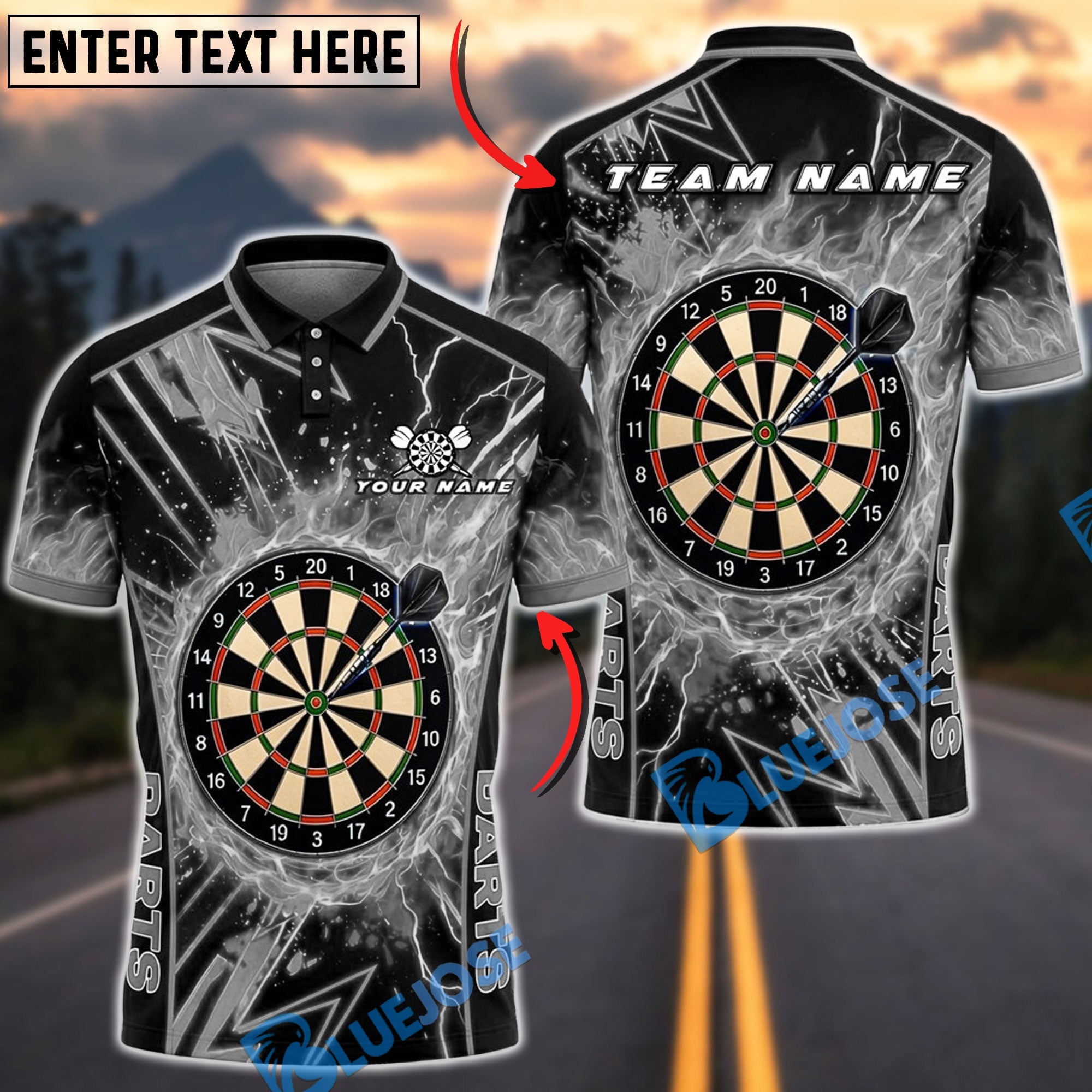 BlueJose Darts Electric Strike Geometric Dartboard Personalized Name, Team Name Unisex Shirt (6 Colors)