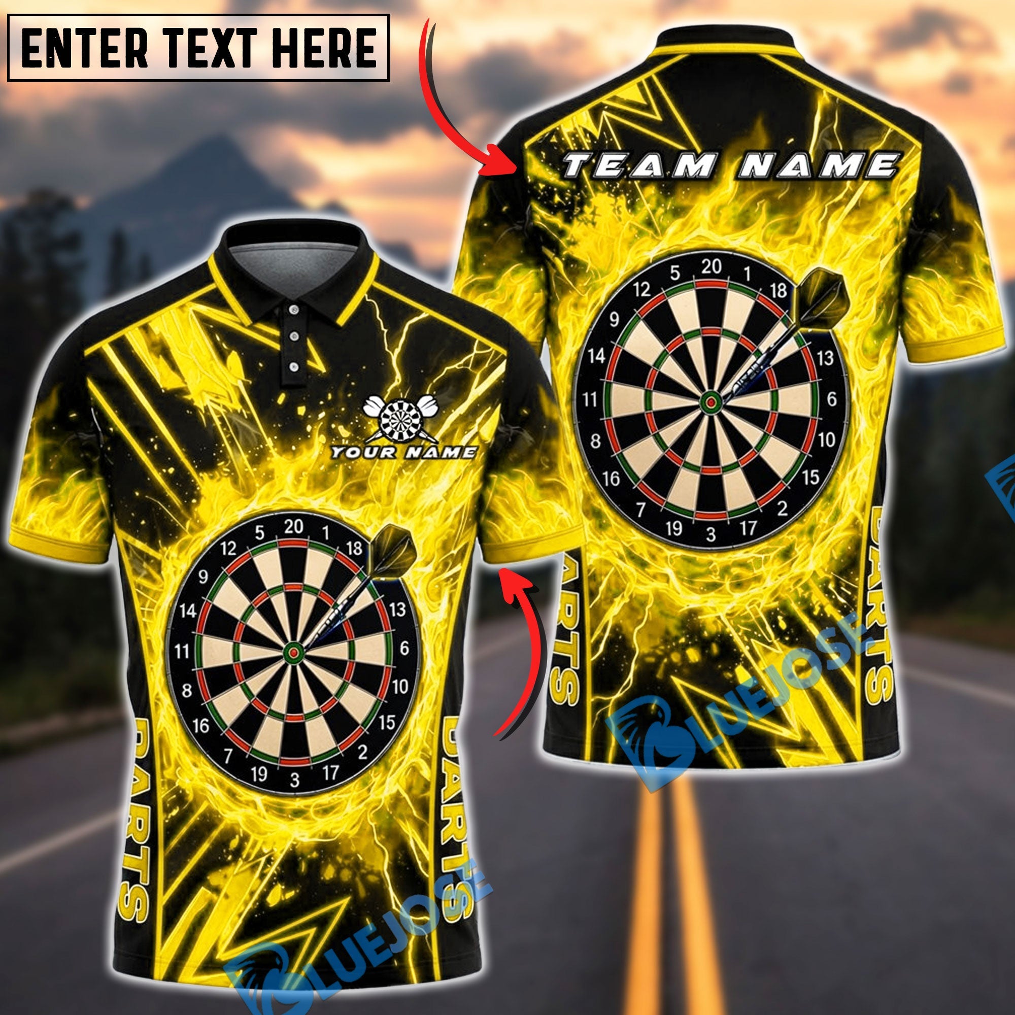 BlueJose Darts Electric Strike Geometric Dartboard Personalized Name, Team Name Unisex Shirt (6 Colors)