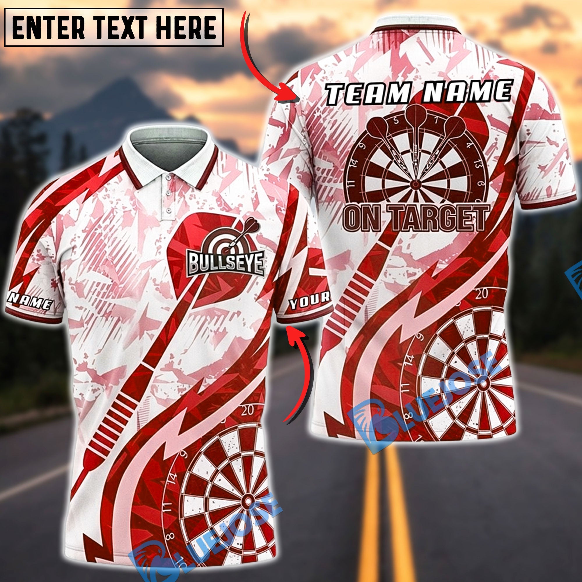 BlueJose Darts On Target Bullseye Abstract Design Personalized Name, Team Name Unisex Shirt (6 Colors)