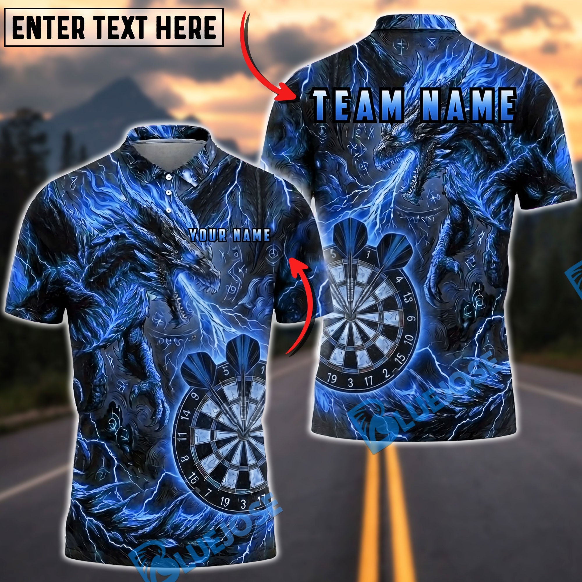 BlueJose Darts Fire Dragon Dartboard Lightning Flame Personalized Name, Team Name Unisex Shirt (4 Colors)