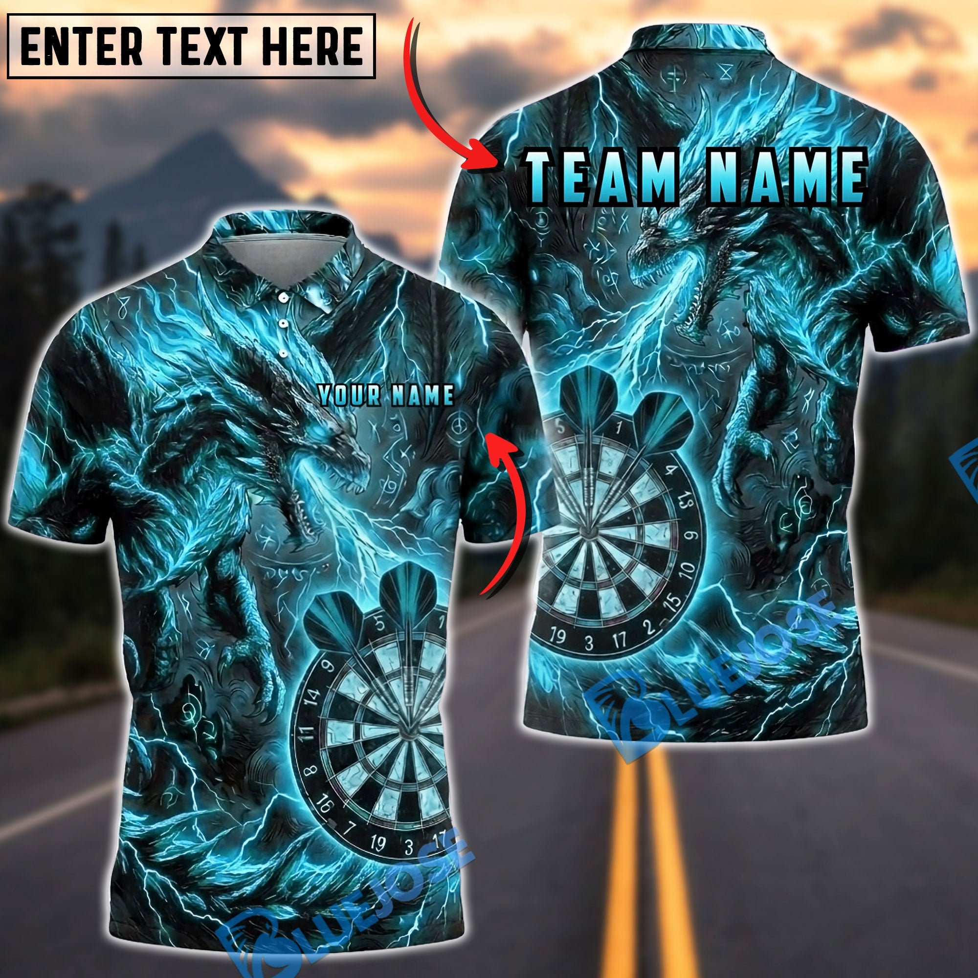 BlueJose Darts Fire Dragon Dartboard Lightning Flame Personalized Name, Team Name Unisex Shirt (4 Colors)