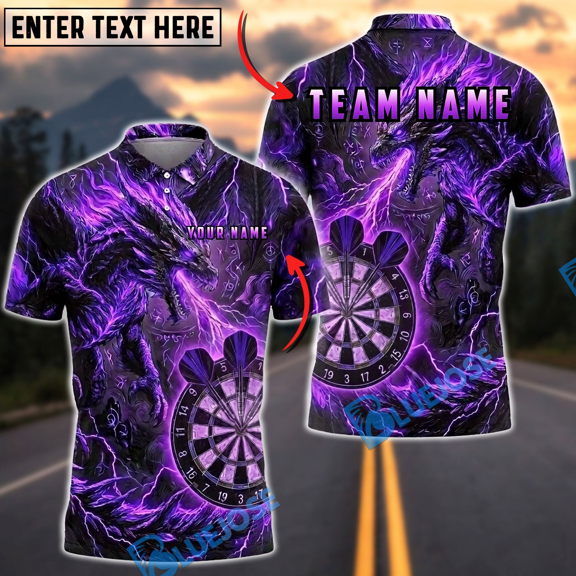 BlueJose Darts Fire Dragon Dartboard Lightning Flame Personalized Name, Team Name Unisex Shirt (4 Colors)