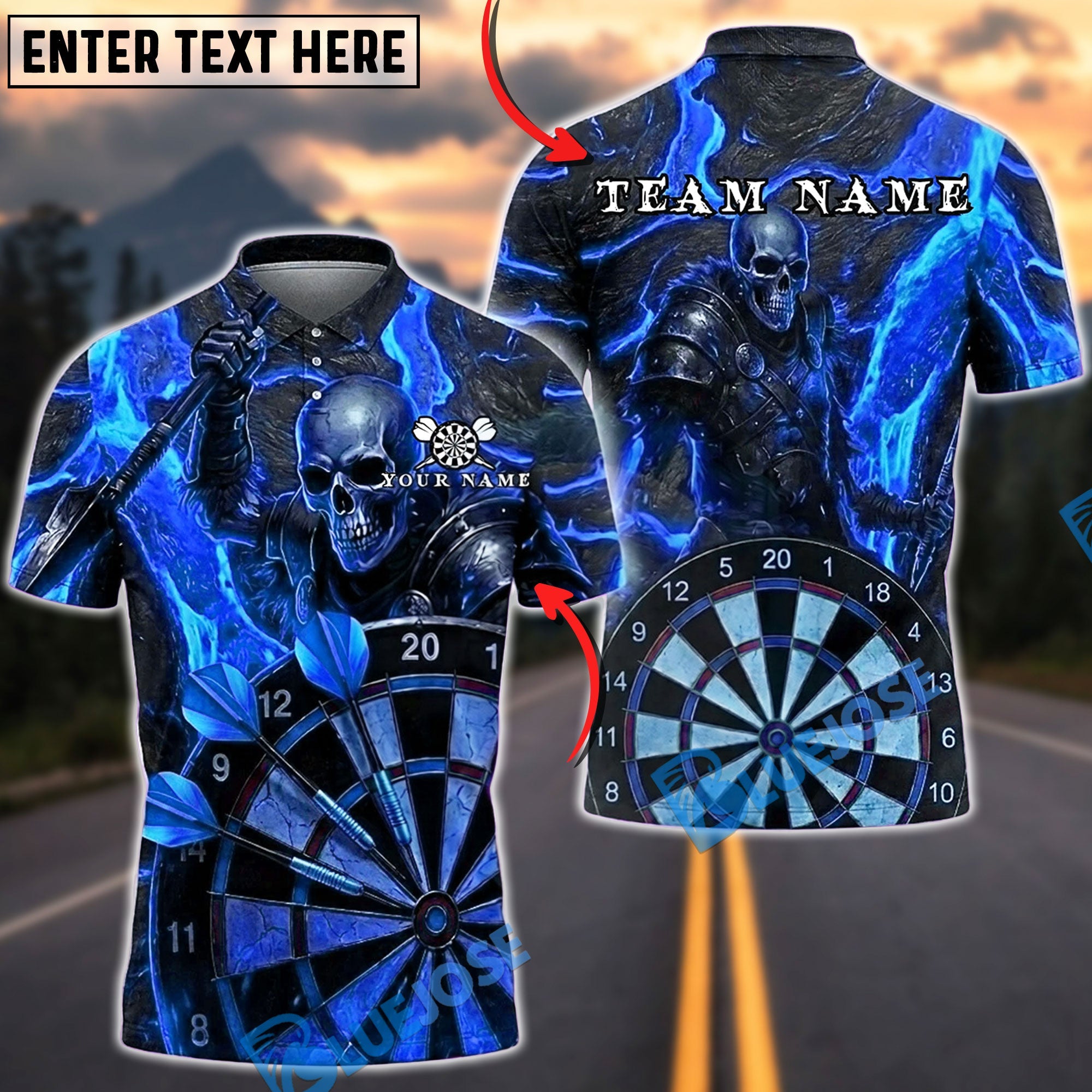 BlueJose Darts Armored Skull Lava Dartboard Personalized Name, Team Name Unisex Shirt (4 Colors)