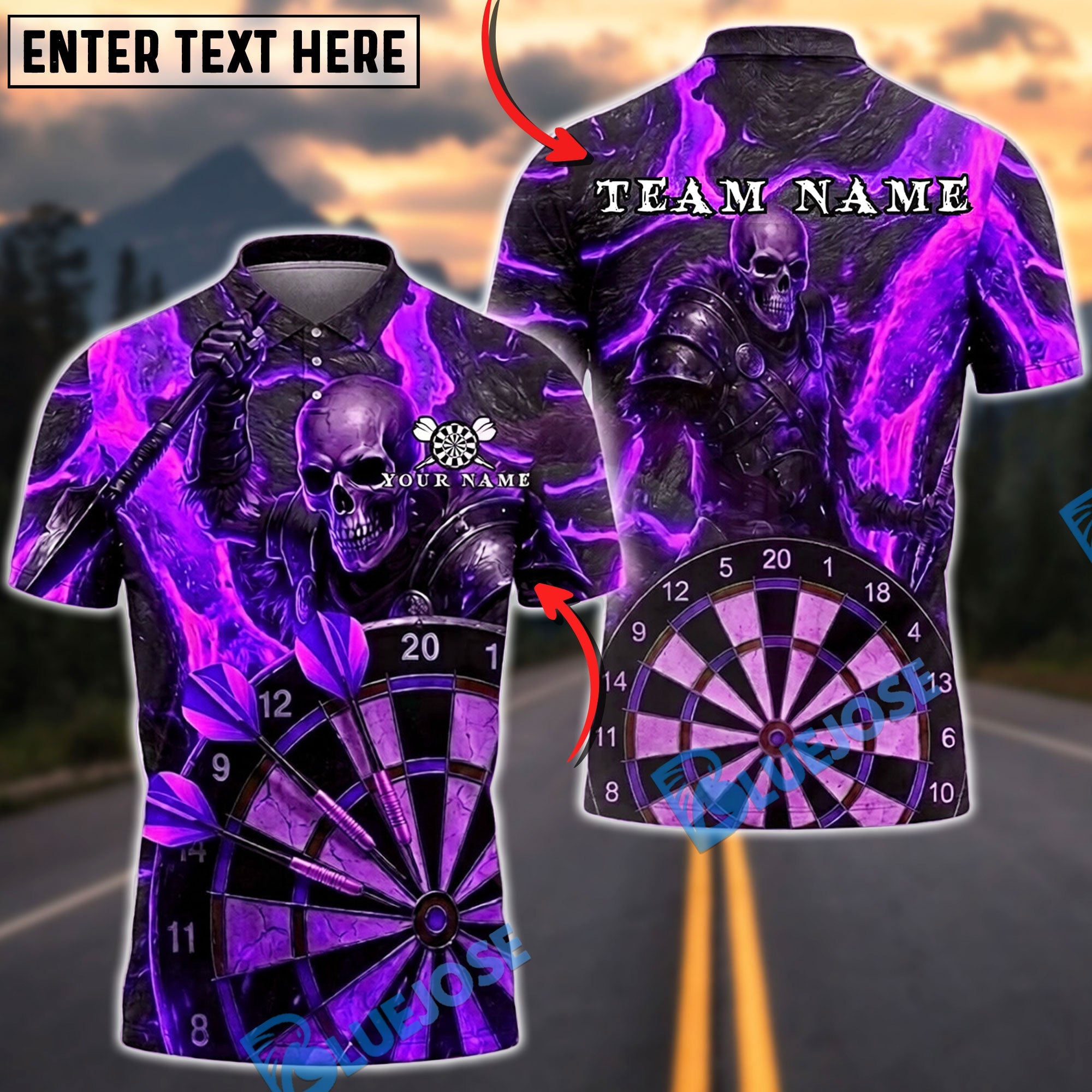 BlueJose Darts Armored Skull Lava Dartboard Personalized Name, Team Name Unisex Shirt (4 Colors)