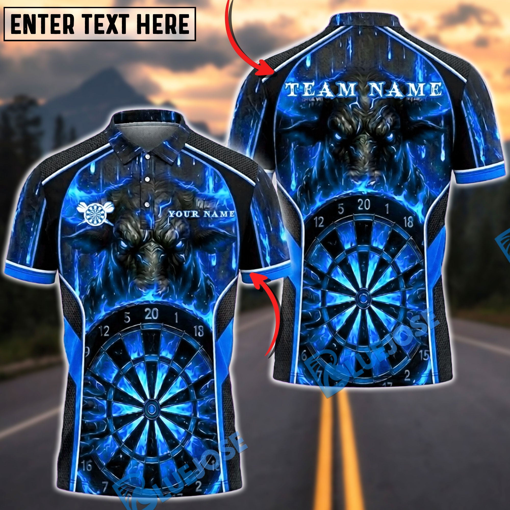 BlueJose Darts Dark Bull Beast Fire Dartboard Personalized Name, Team Name Unisex Shirt (4 Colors)