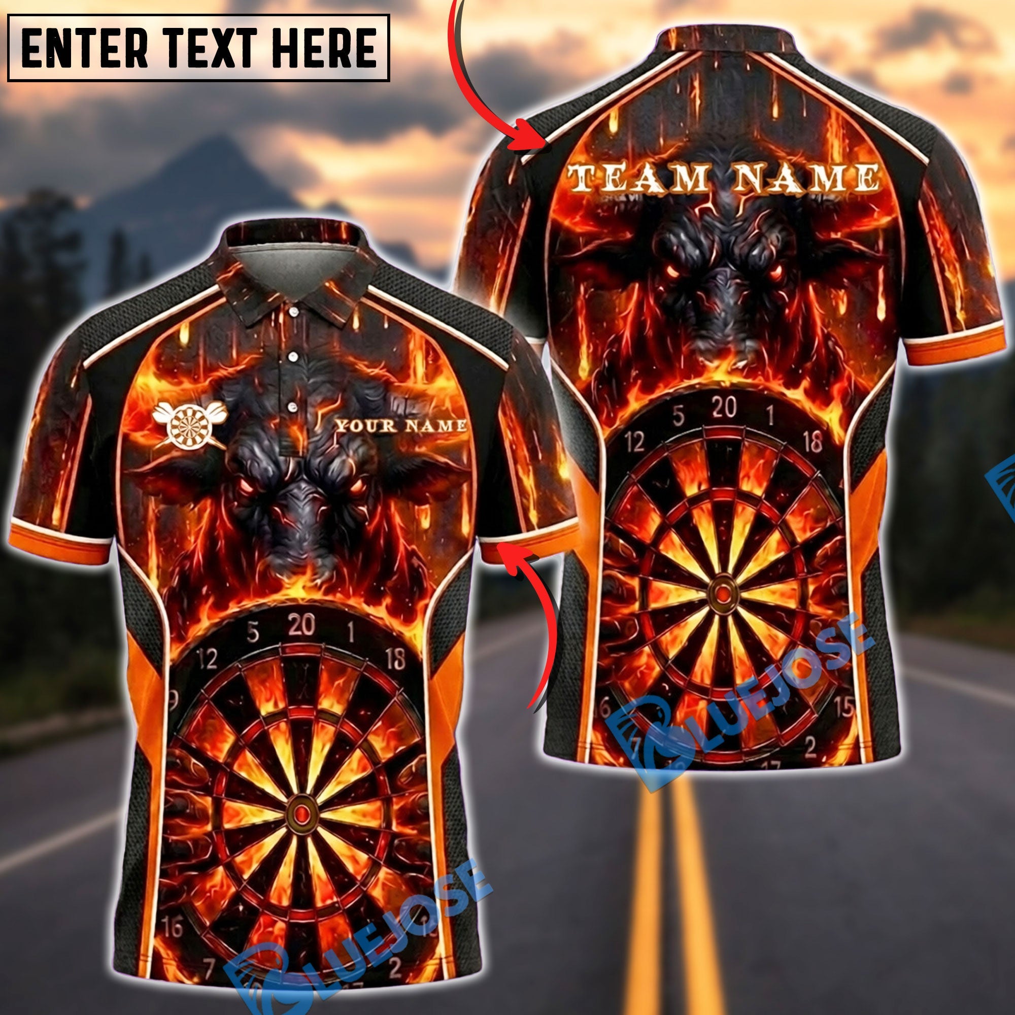BlueJose Darts Dark Bull Beast Fire Dartboard Personalized Name, Team Name Unisex Shirt (4 Colors)