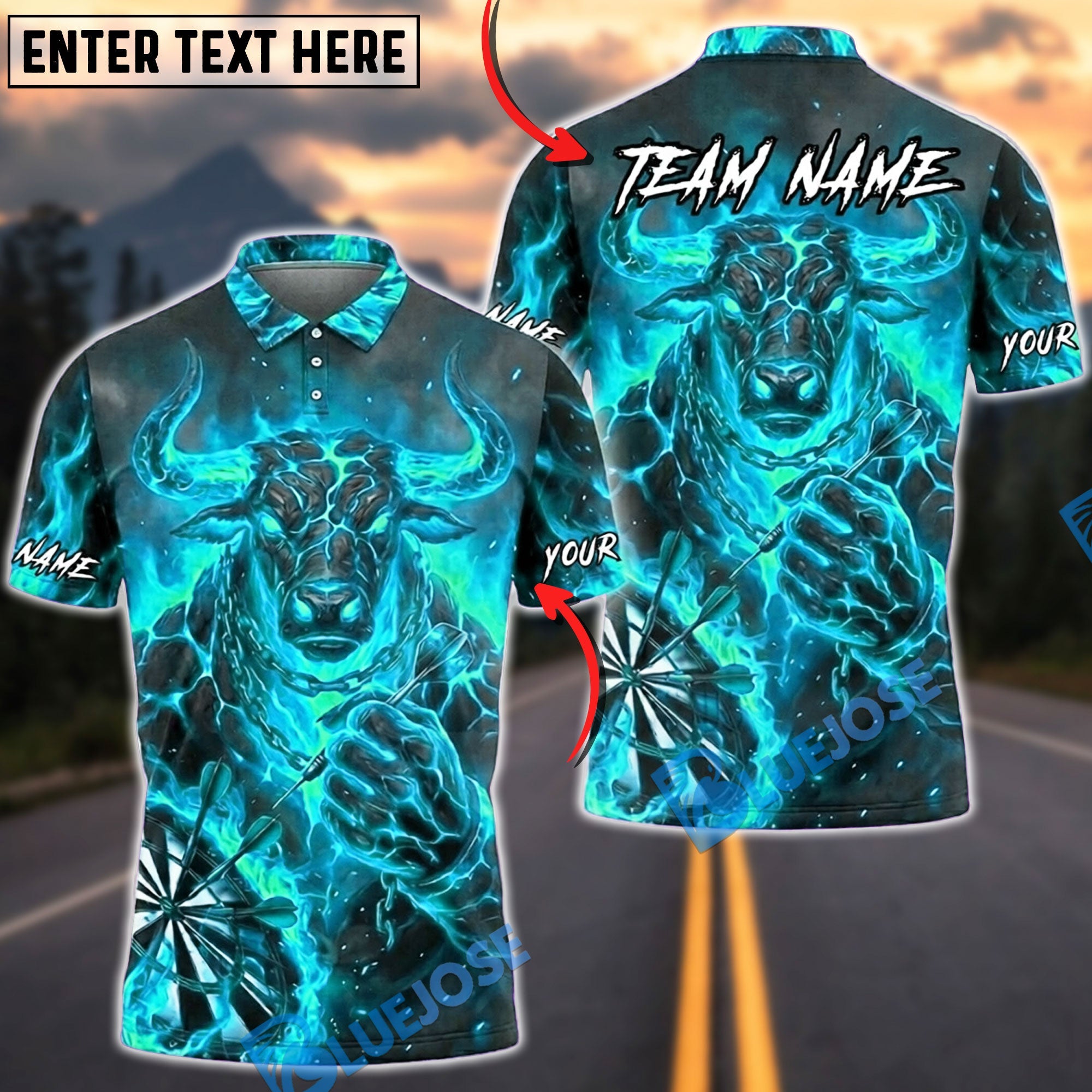 BlueJose Darts Charging Minotaur Lava Flame Design Personalized Name, Team Name Unisex Shirt (4 Colors)