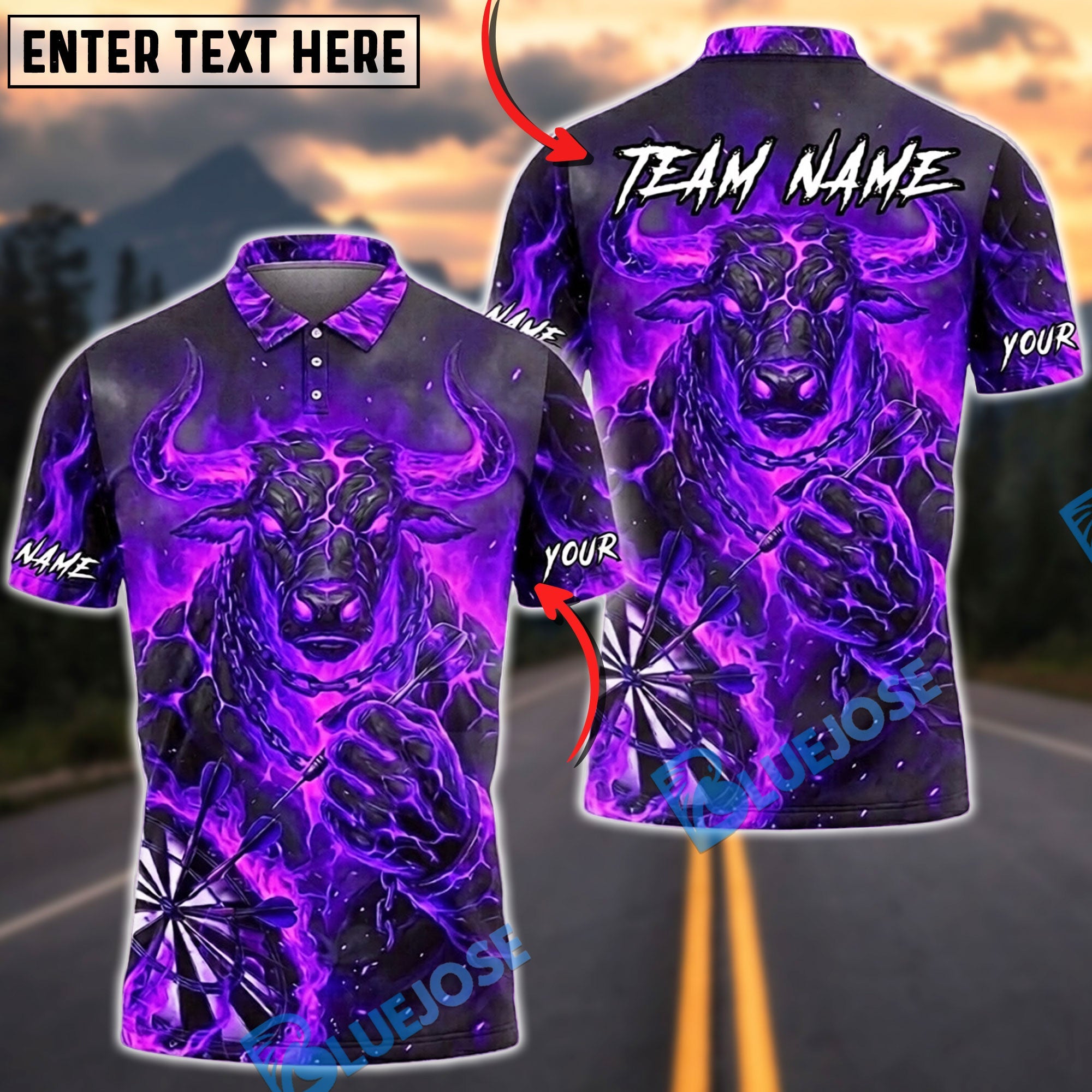 BlueJose Darts Charging Minotaur Lava Flame Design Personalized Name, Team Name Unisex Shirt (4 Colors)