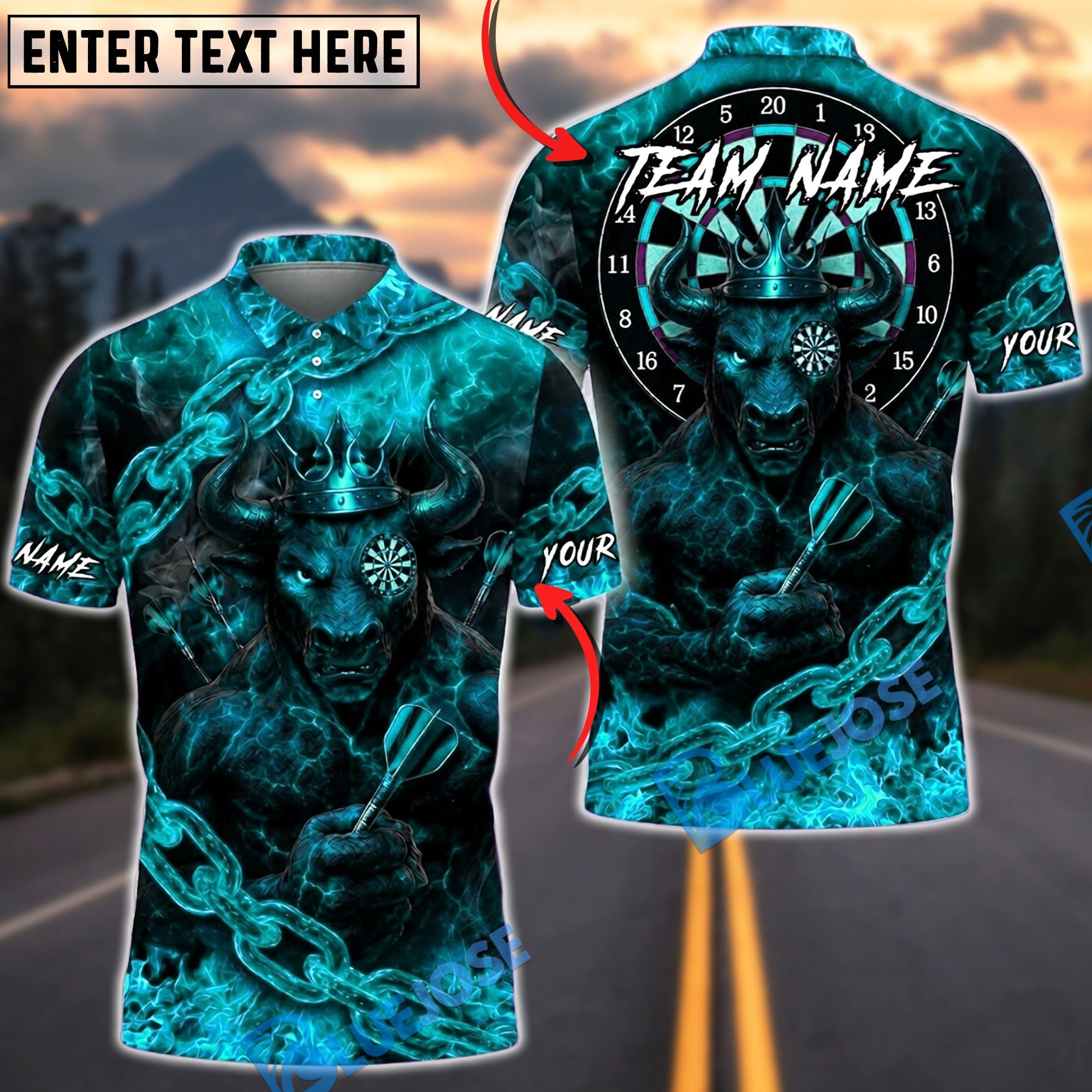 BlueJose Darts Chained Viking Minotaur Dartboard Personalized Name, Team Name Unisex Shirt (4 Colors)