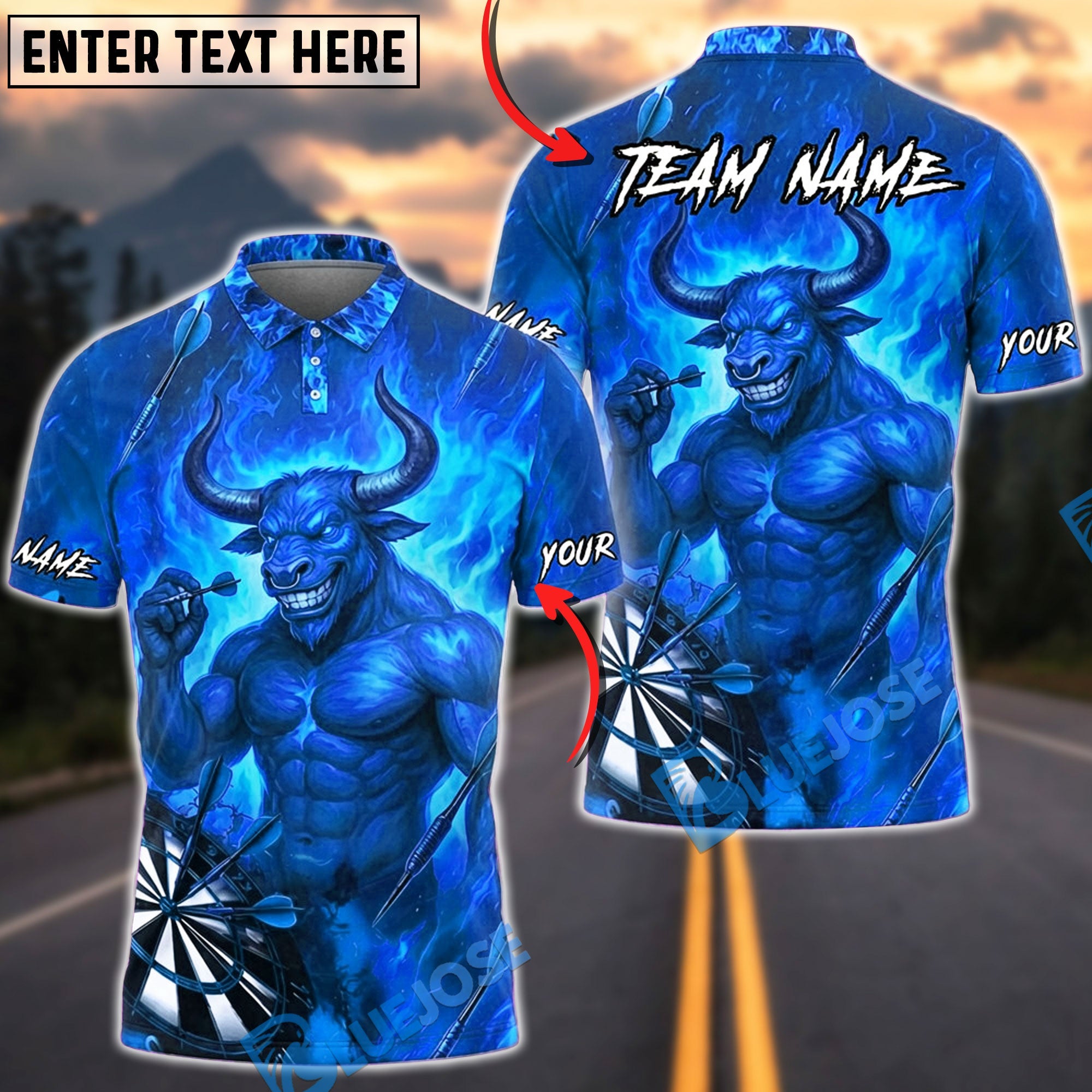 BlueJose Darts Muscular Minotaur Energy Design Personalized Name, Team Name Unisex Shirt (4 Colors)