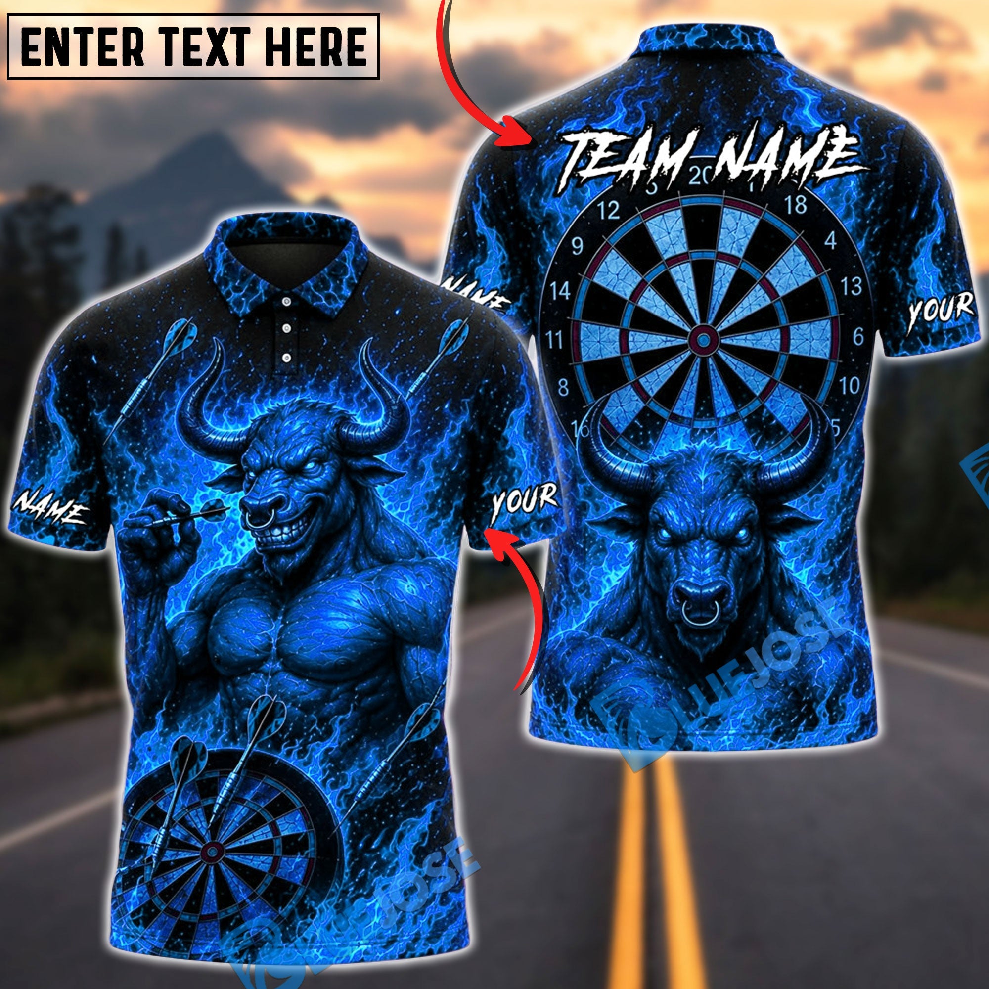 BlueJose Darts Demon Bull Skull Dartboard Personalized Name, Team Name Unisex Shirt (4 Colors)