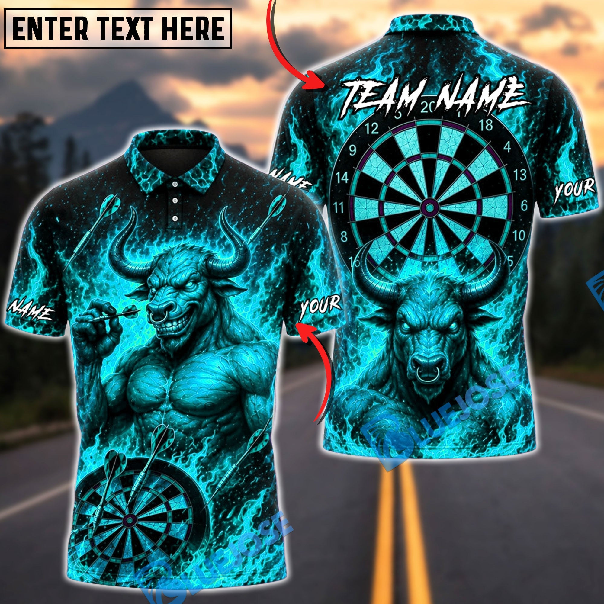 BlueJose Darts Demon Bull Skull Dartboard Personalized Name, Team Name Unisex Shirt (4 Colors)