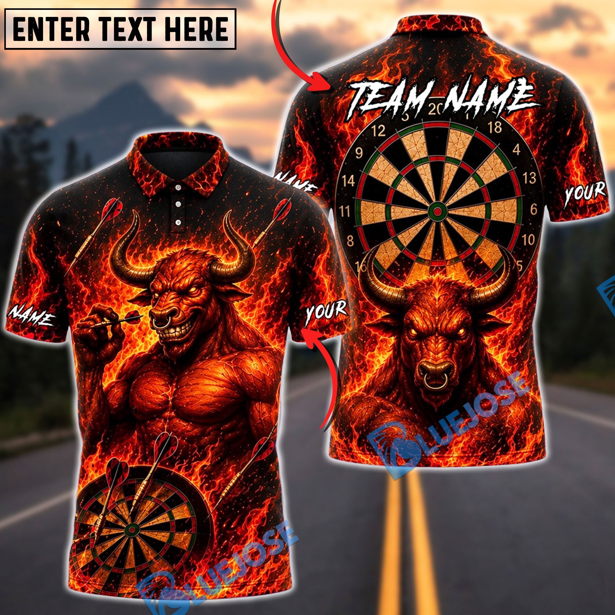 BlueJose Darts Demon Bull Skull Dartboard Personalized Name, Team Name Unisex Shirt (4 Colors)