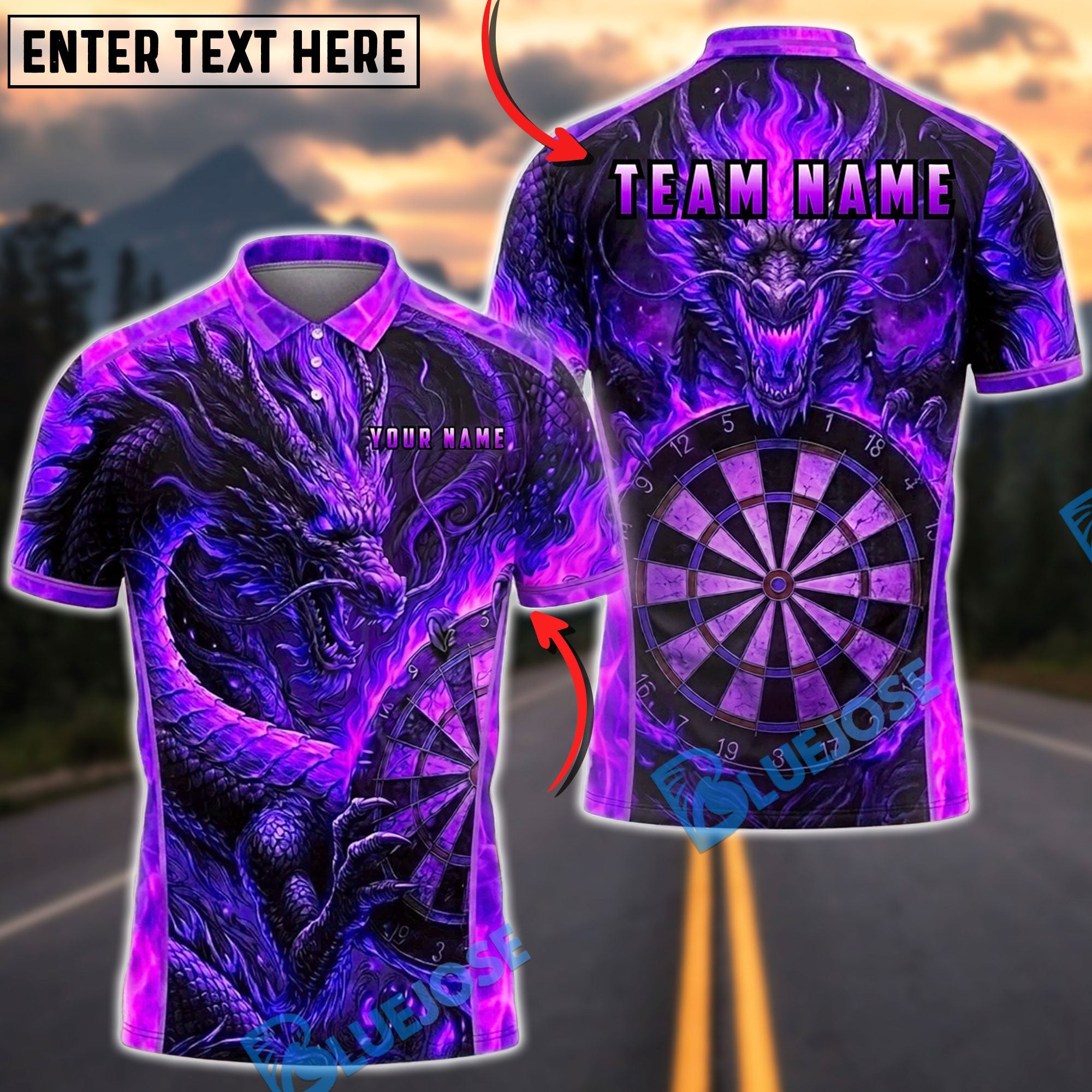 BlueJose Darts Blaze Inferno Dragon Dartboard Personalized Name, Team Name Unisex Shirt (4 Colors)