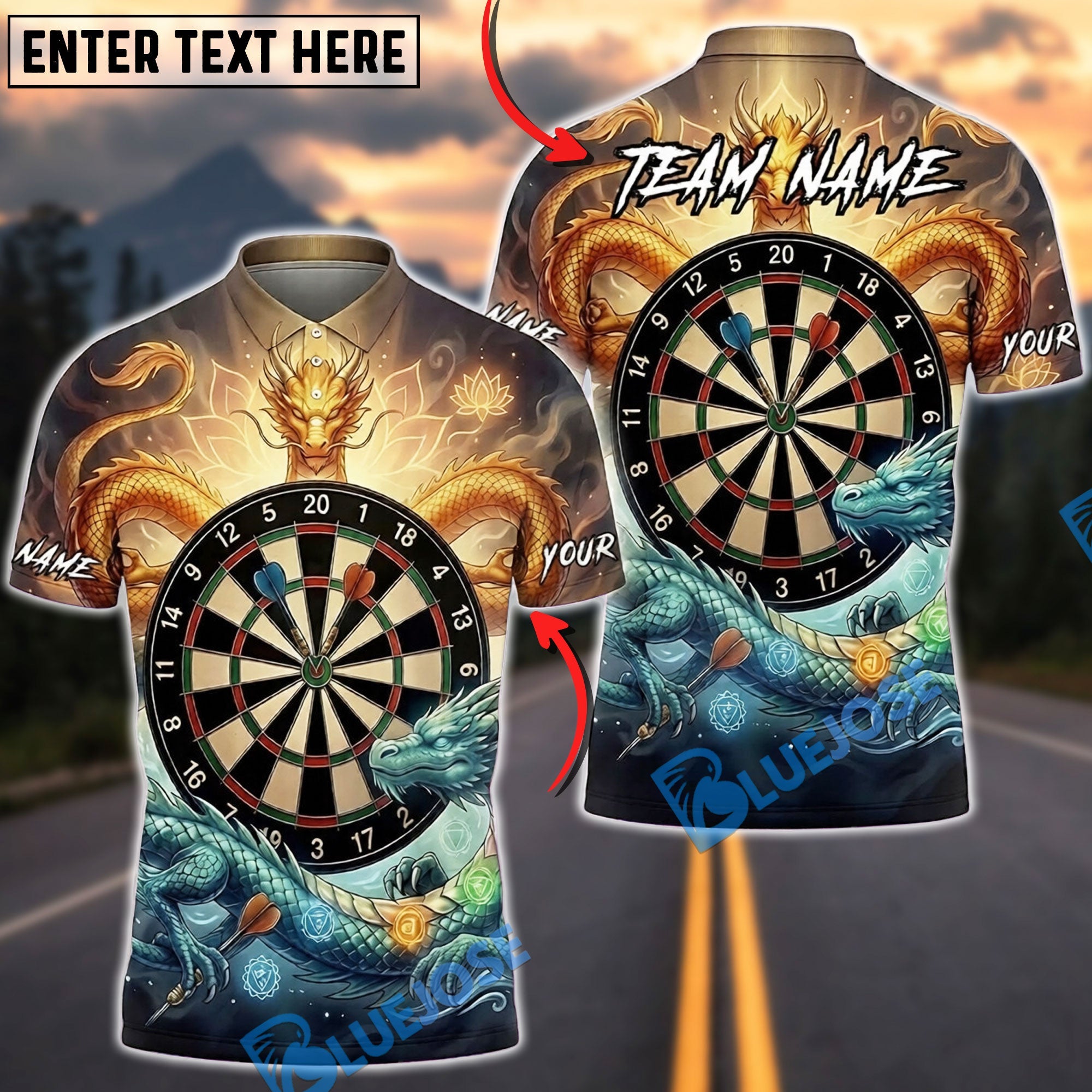 BlueJose Darts Mandala Fire and Water Dragon Dartboard Personalized Name Shirt