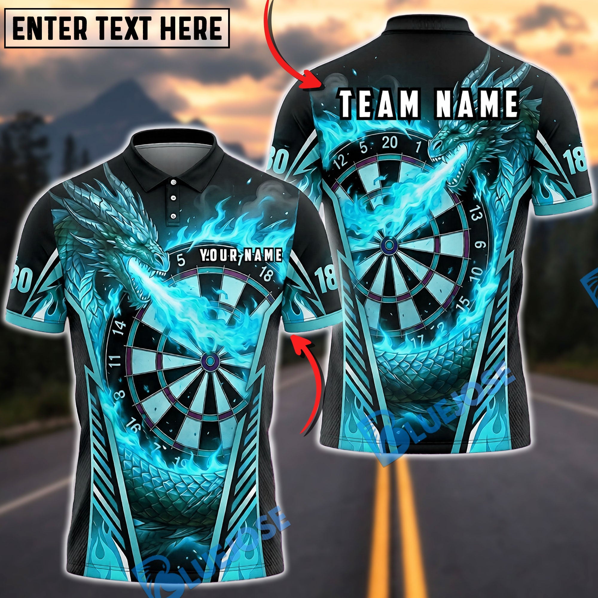 BlueJose Darts Coiled Dragon Dartboard Personalized Name, Team Name Unisex Shirt (4 Colors)
