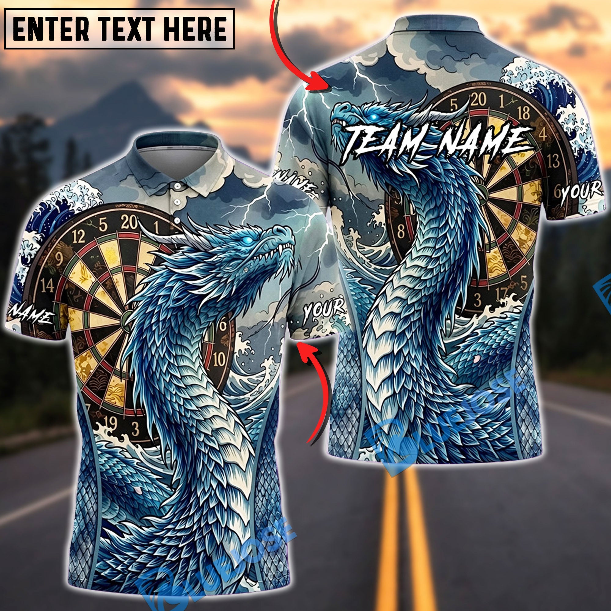 BlueJose Darts Eastern Dragon Mountain Dartboard Personalized Name, Team Name Unisex Shirt (4 Colors)